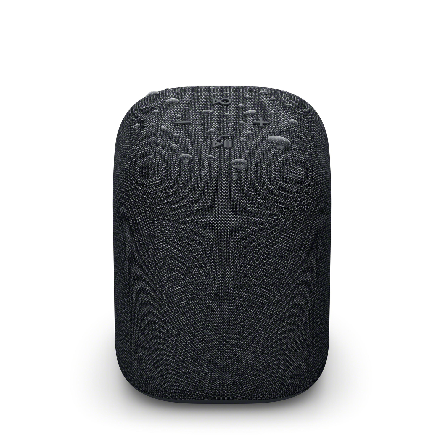 Black speaker with water droplets on top, on a white background.