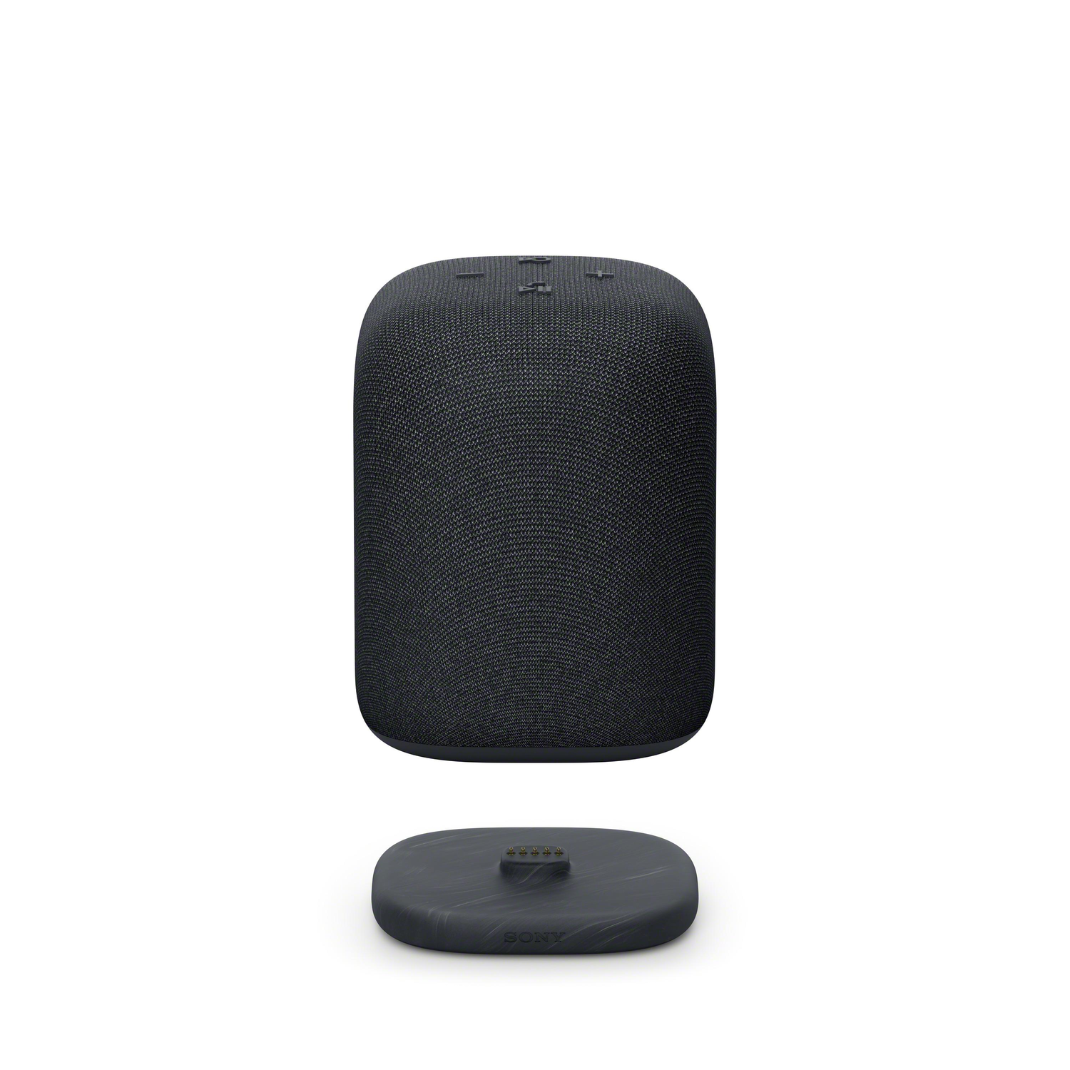 Black, cylindrical speaker on a base. The speaker has a mesh exterior.