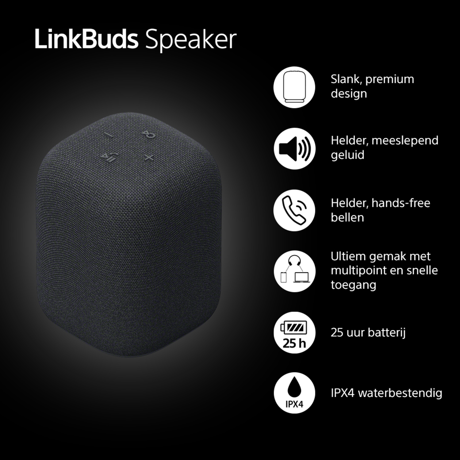 Black LinkBuds Speaker, with icons indicating features like design, sound, calls, and battery life.