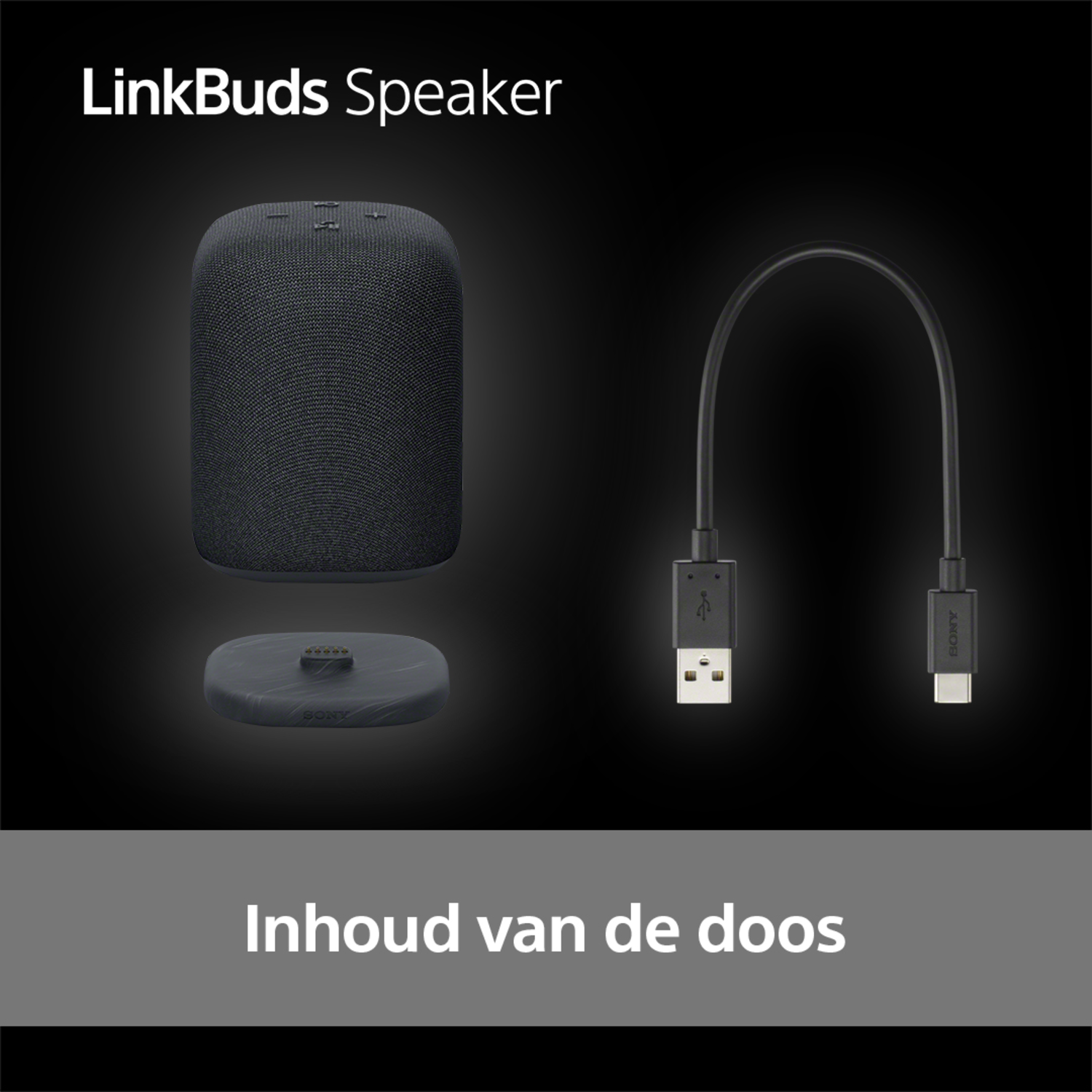 Black wireless speaker, charging base, and USB cable. Text: Inhoud van de doos.
