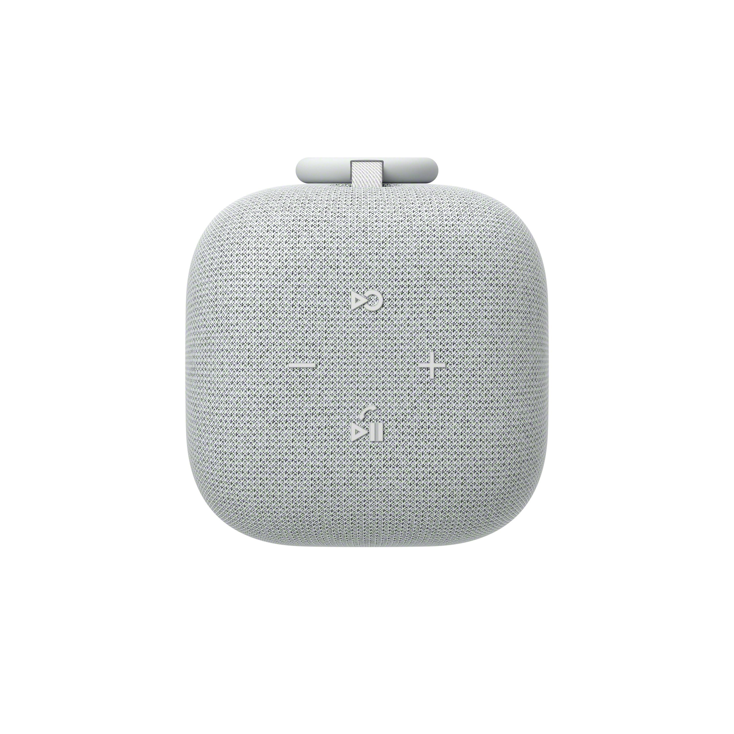 A small, light gray speaker with buttons on the top. The speaker has a loop.