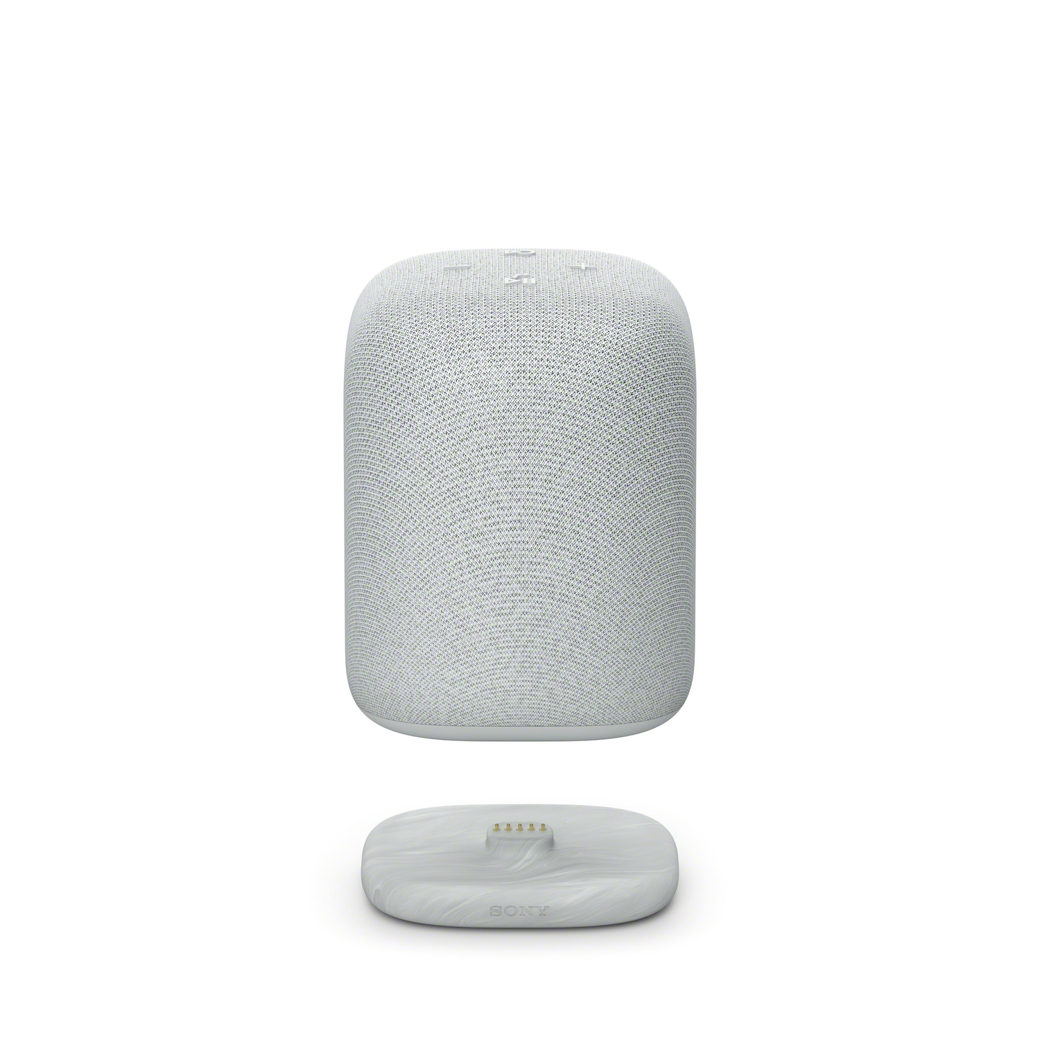 A white speaker on a white base, isolated on a white background, from a front view.