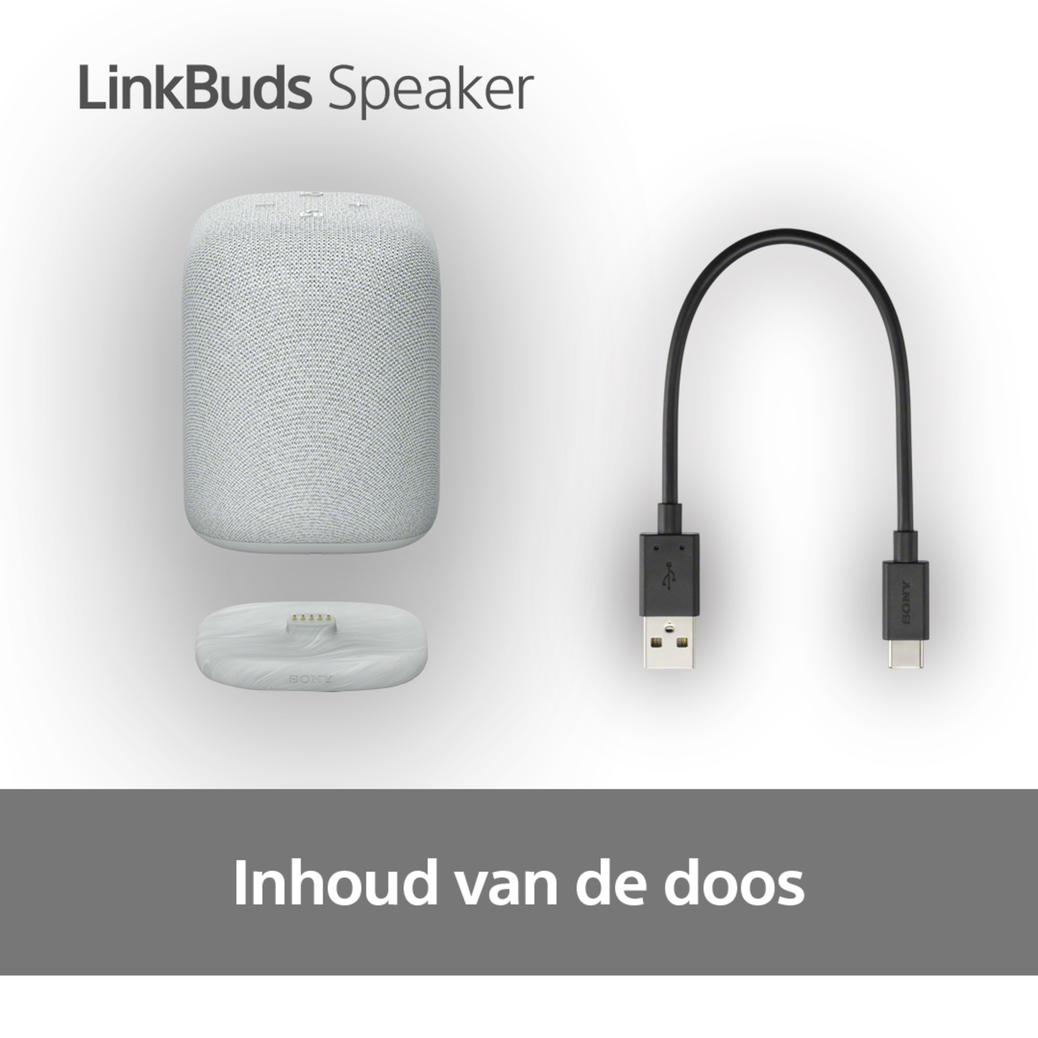 LinkBuds Speaker with charging base and USB cable, labeled 'Inhoud van de doos'.