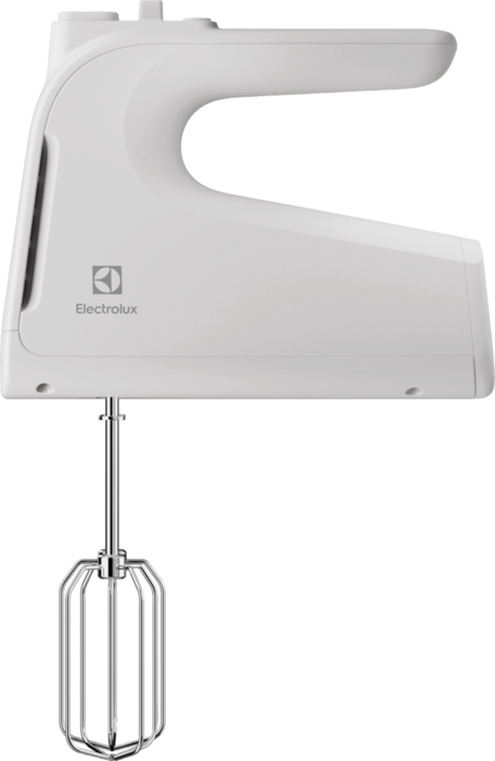 Egy Electrolux fehér kézi mixer. Rozsdamentes acél habverője és fehér teste van.