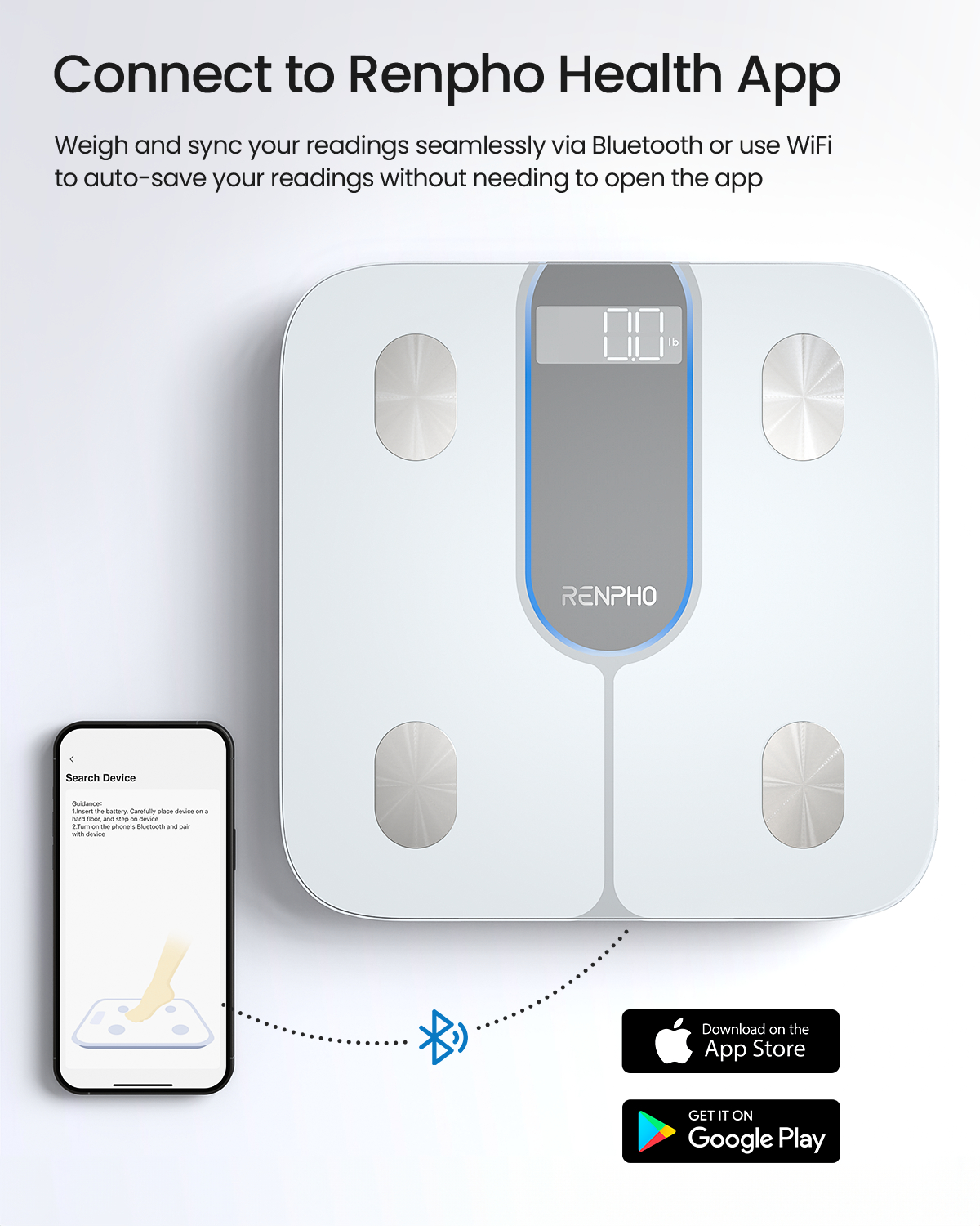 Weiße Smart-Waage mit Digitalanzeige und App-Integration über Bluetooth und WiFi.
