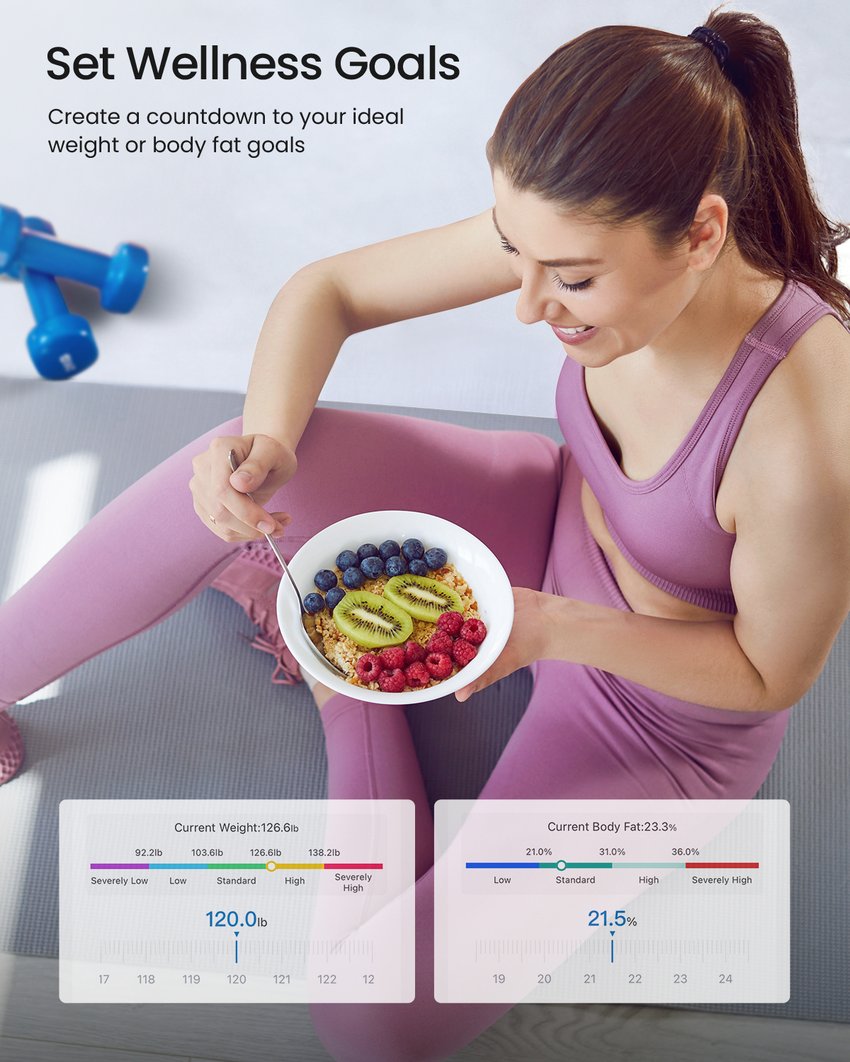 Eine Frau isst Obst und Haferflocken. Sie sitzt auf einer Yogamatte. Es gibt zwei Diagramme, die Gewicht und Körperfett zeigen.