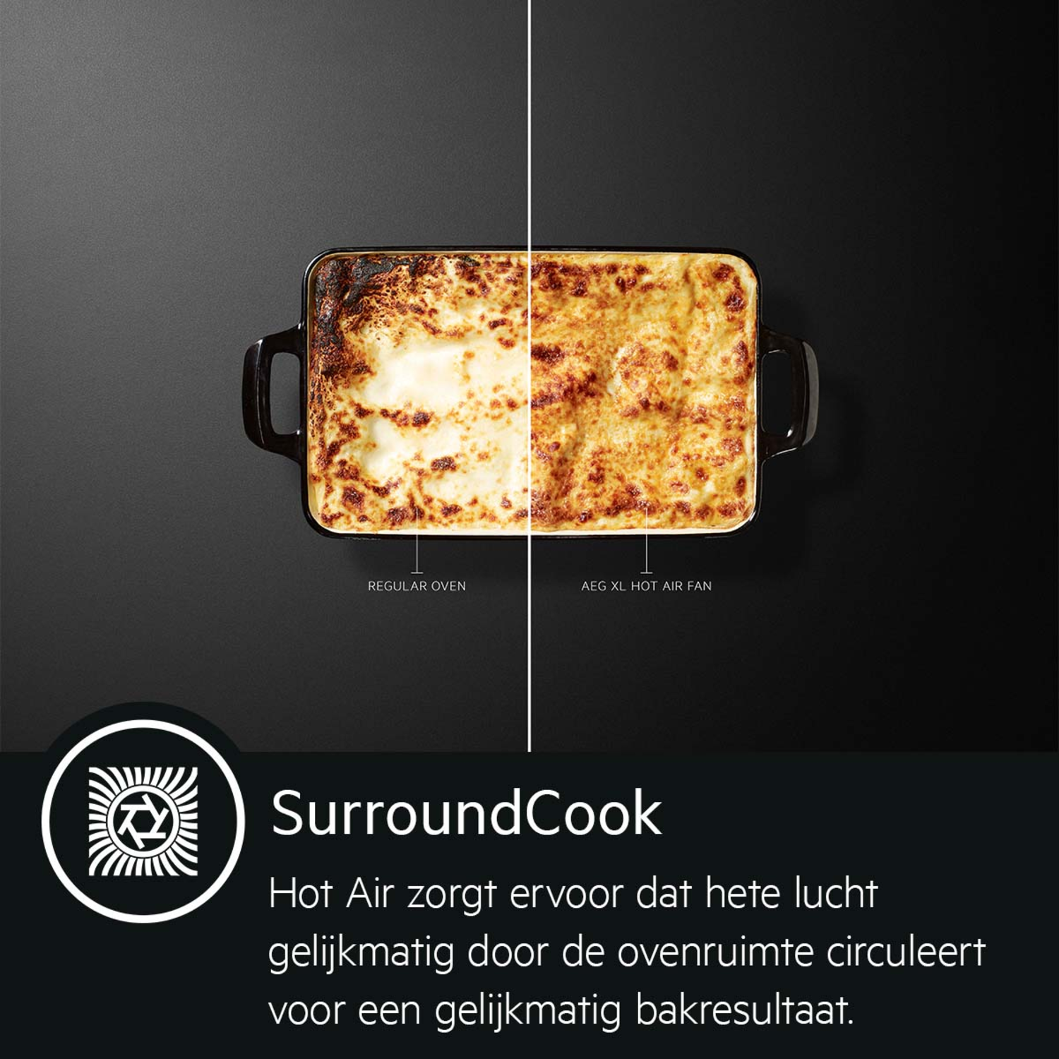Een oven met een lasagne, verdeeld om reguliere en heteluchtgaren te laten zien, zwarte achtergrond.