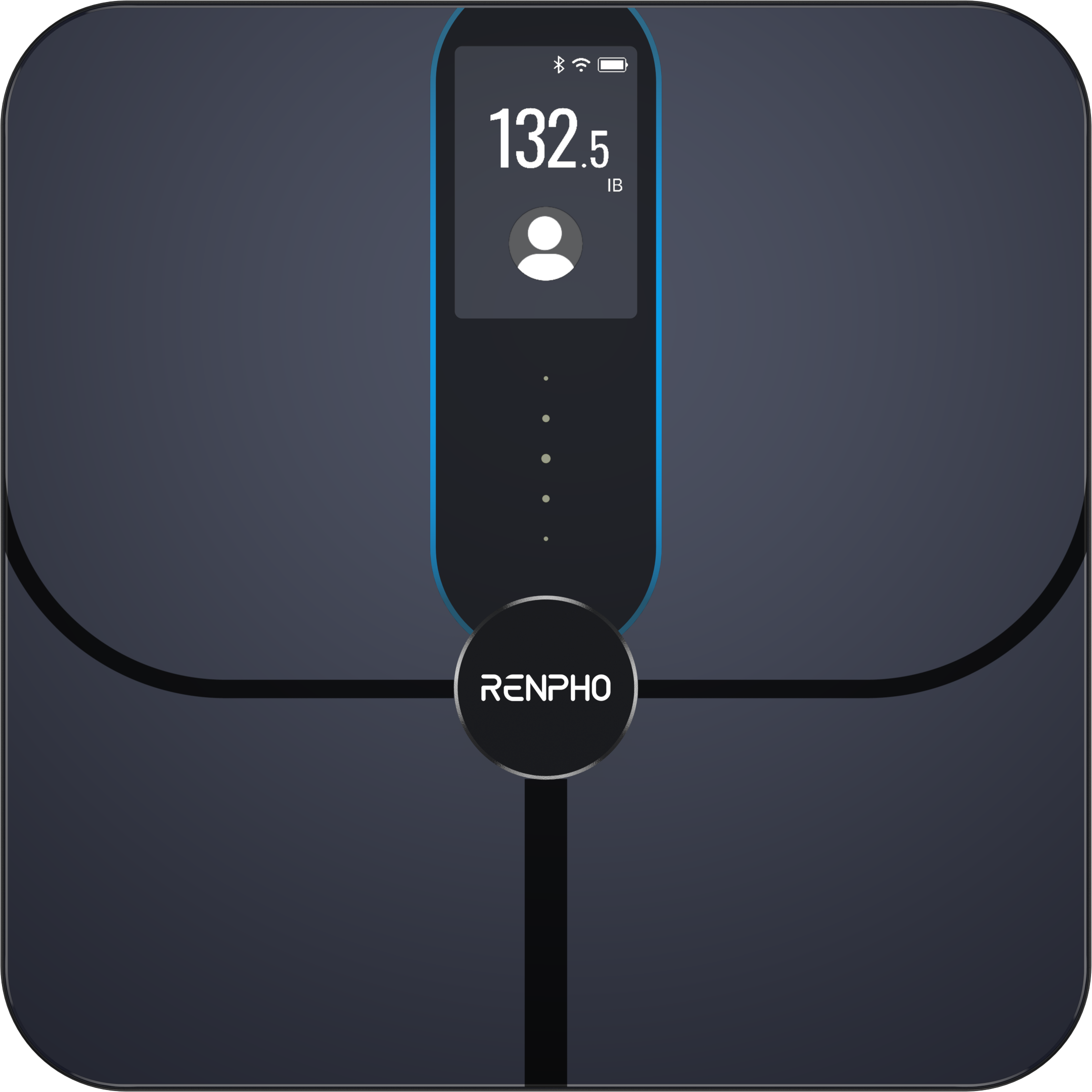 Schwarze intelligente Waage mit digitaler Anzeige, die 132,5 lb anzeigt. Renpho-Logo unten.