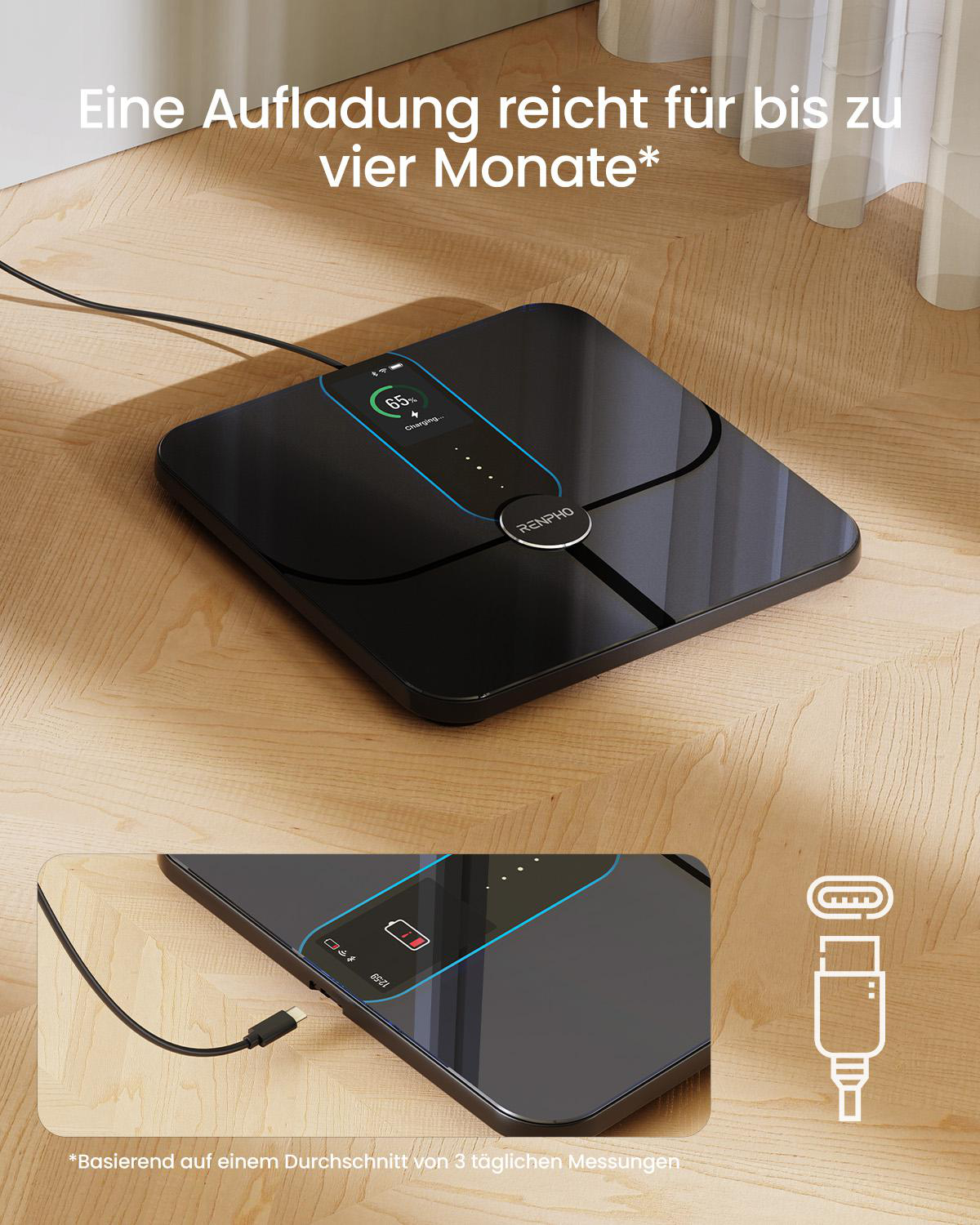 Eine schwarze Smart-Waage mit Ladekabel und USB-C-Anschluss, die den Batteriestand anzeigt.