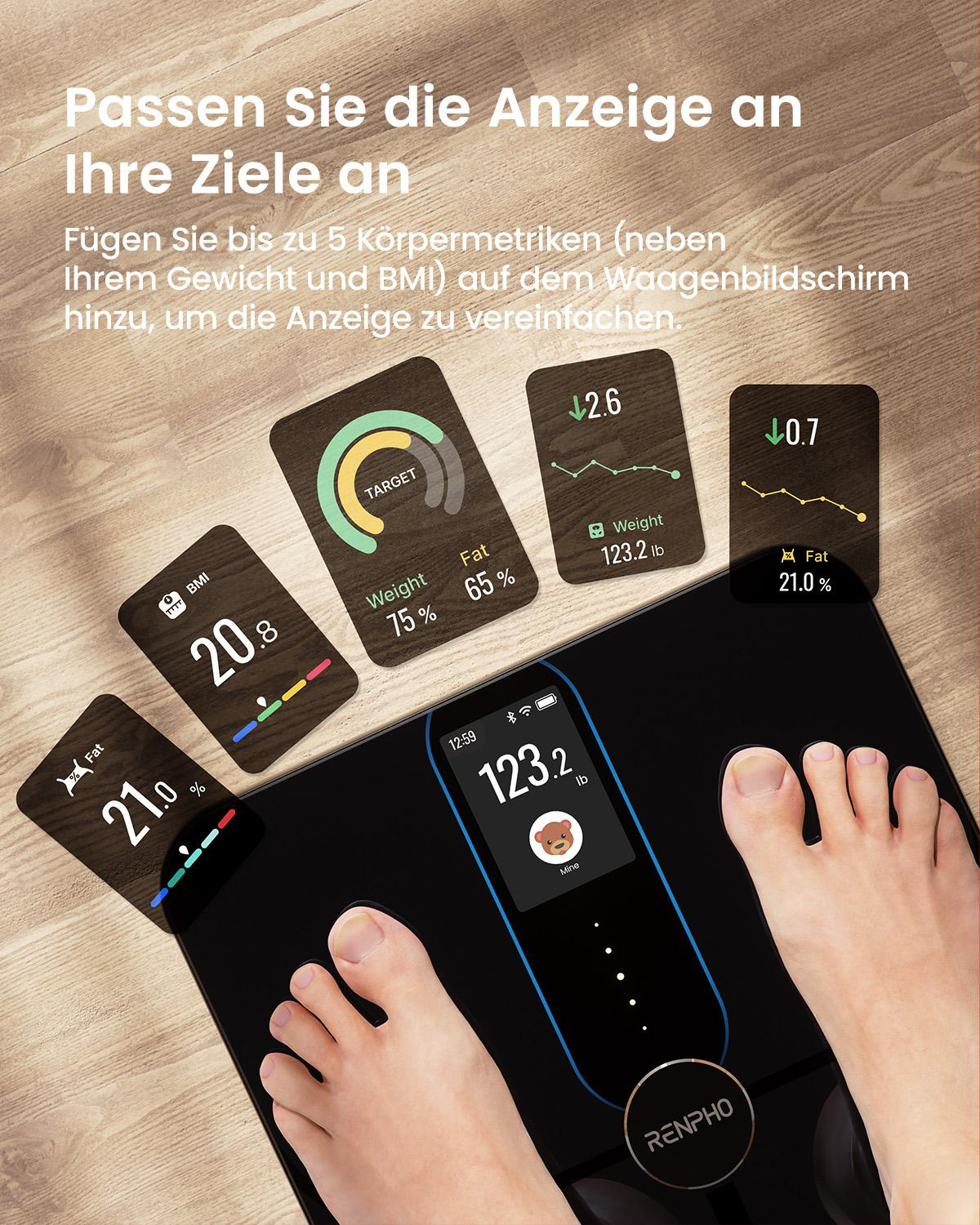 Eine intelligente Waage mit Gewichts- und Körperfettanteil-Daten. Füße auf der Waage. Mehrere Anzeigen.