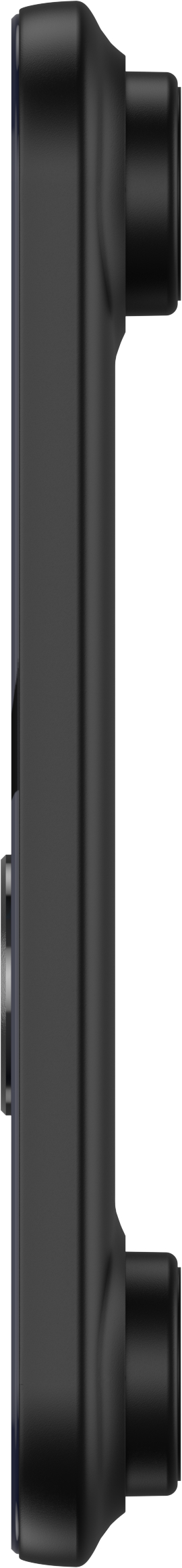 Seitenansicht eines schwarzen Geräts, möglicherweise ein Telefon oder Tablet. Es hat zwei Tasten an der Seite.