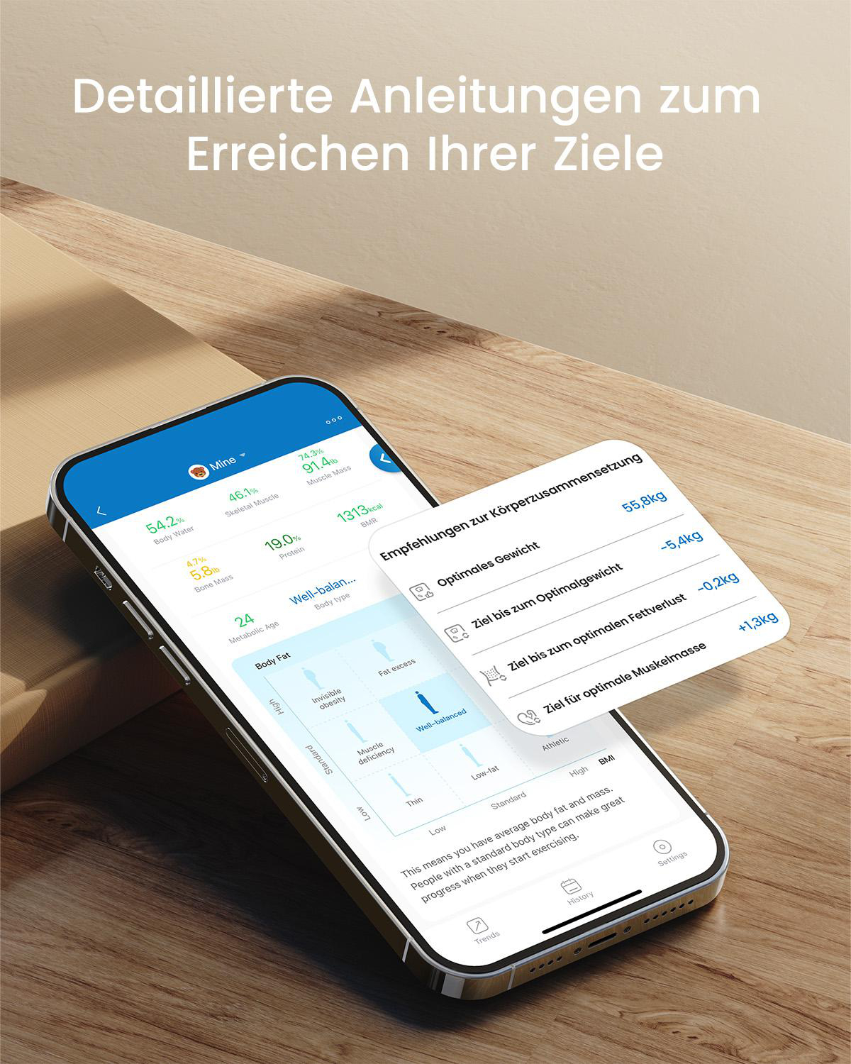 Ein Smartphone mit Körperanalyse-Daten, Diagrammen und Informationen.
