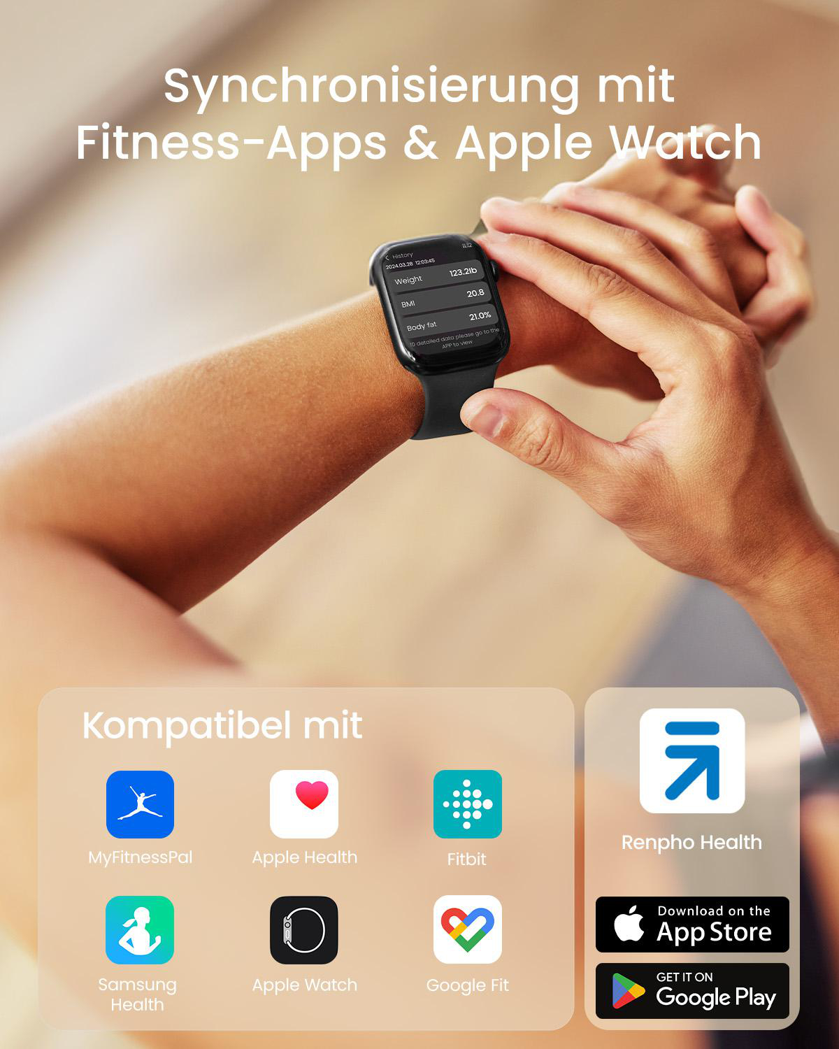 Handgelenk mit schwarzer Smartwatch, die Gesundheitsdaten anzeigt. App-Symbole sind unten zu sehen.