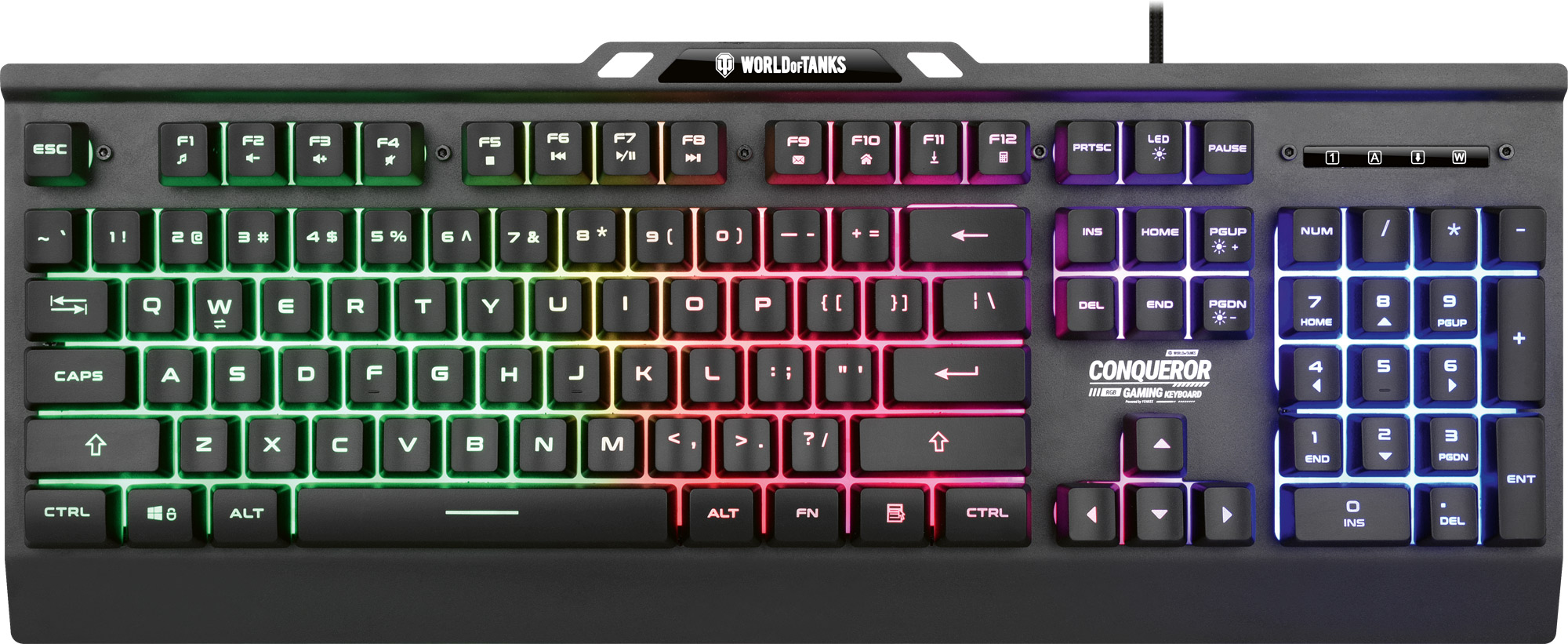 Fekete gamer billentyűzet szivárványszínű billentyűkkel és World of Tanks logóval.