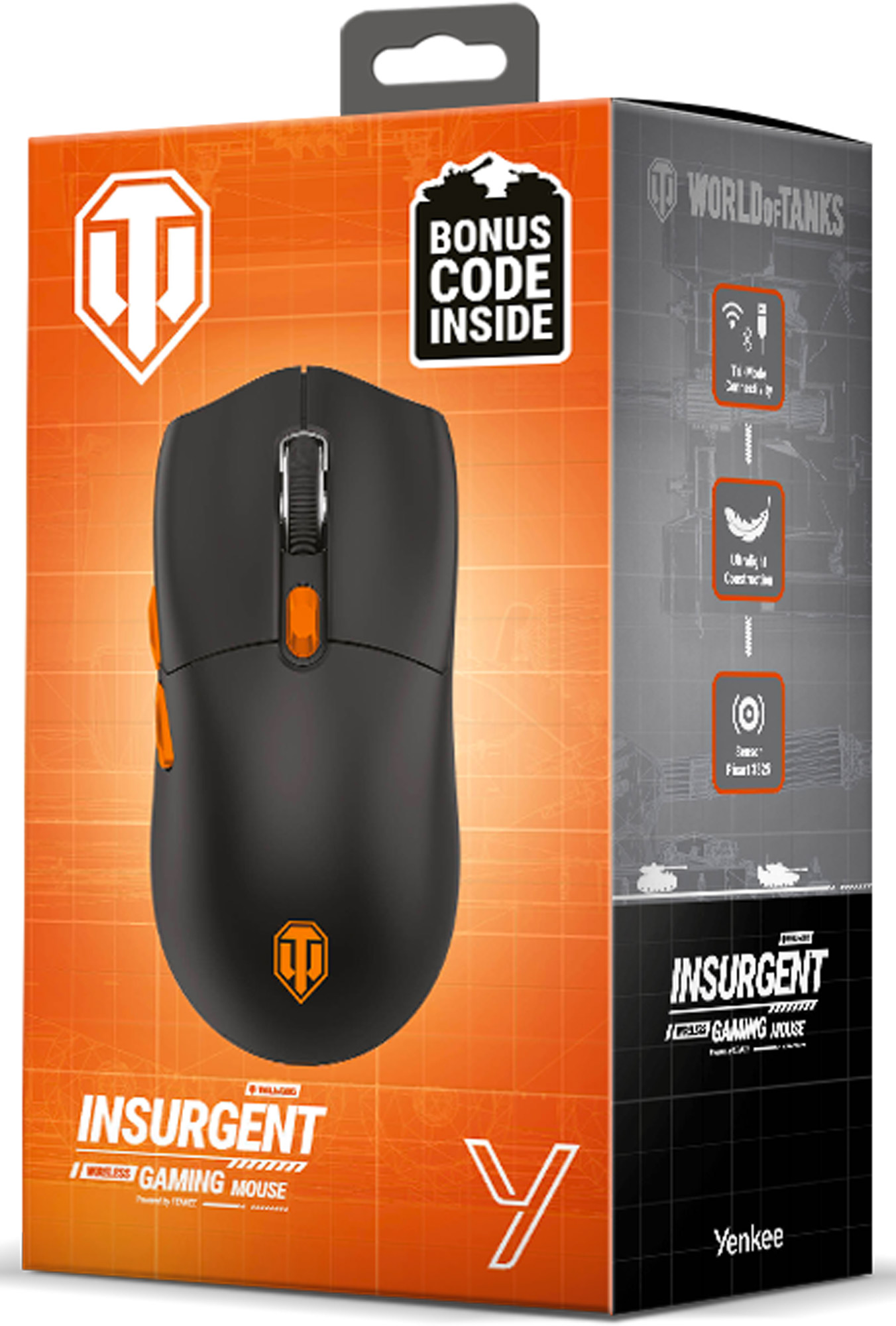 Egy fekete-narancs World of Tanks gamer egér egy dobozban. Bónuszkódot hirdetnek a dobozon.