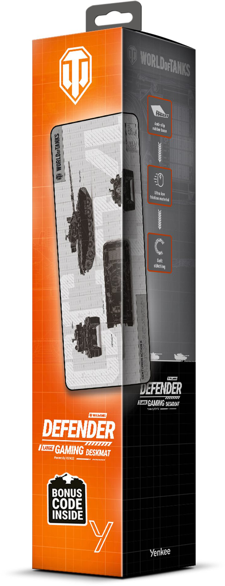 Egy magas narancssárga és fehér doboz, amelyen egy tank látható, valamint a Defender, a Bonus Code Inside és a World of Tanks feliratok.