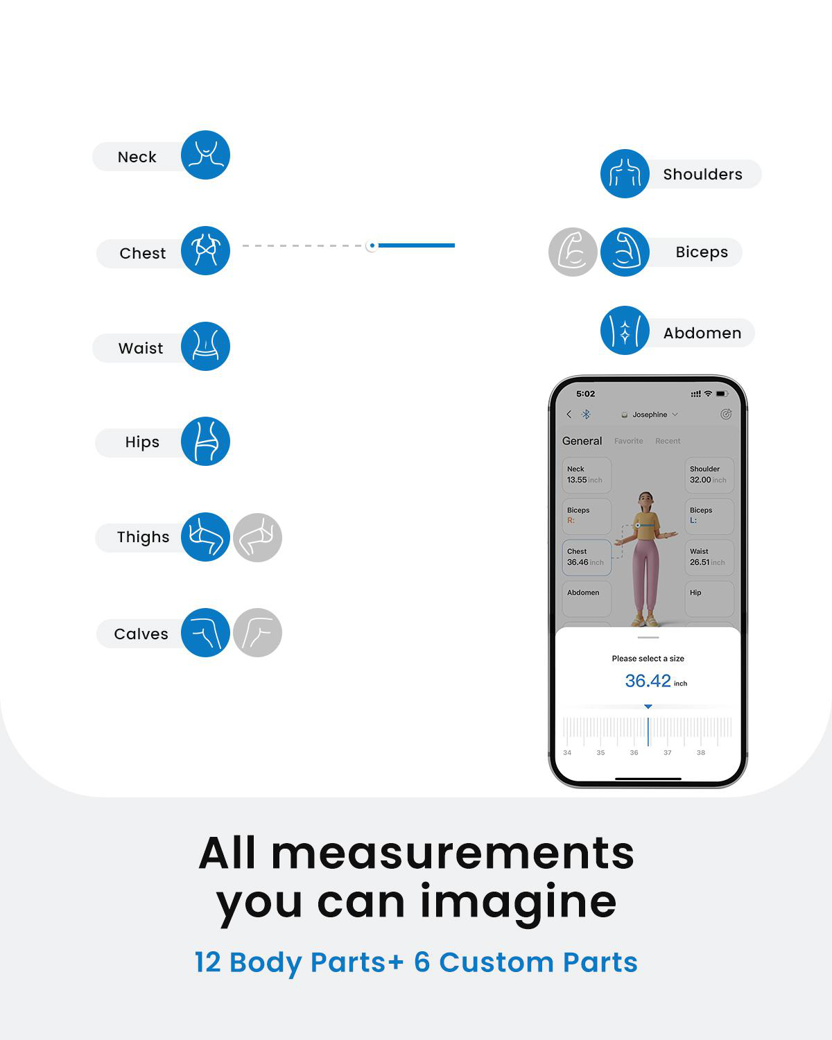 Infografik über Körpermaße. Zeigt Körpersilhouetten und ein Telefon mit einer App zum Messen.