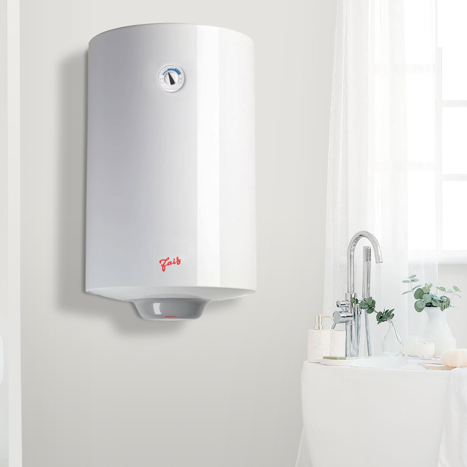 Calentador de agua blanco montado en la pared, con medidor de temperatura.