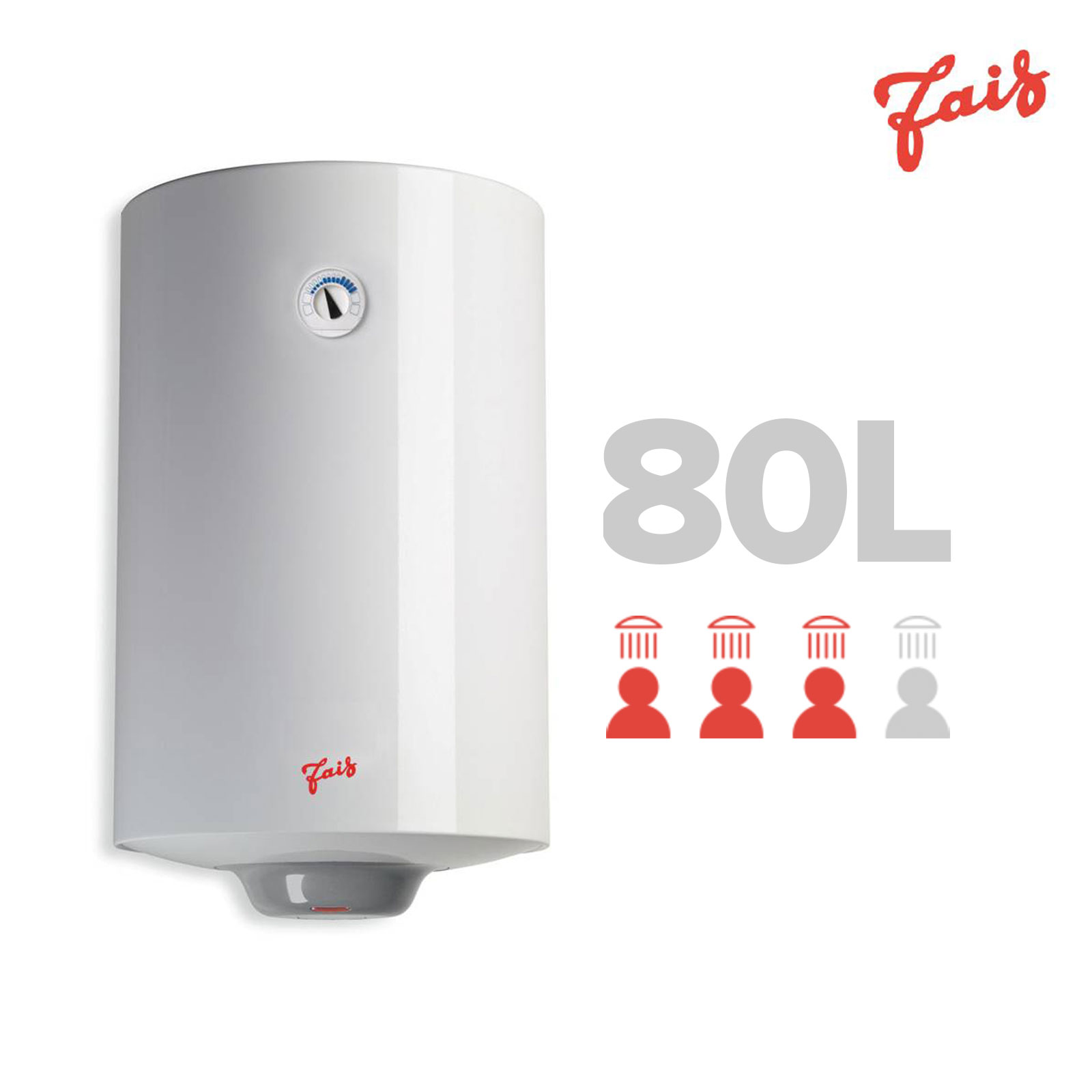 Calentador de agua blanco con logo rojo Fais. Texto 80L e iconos de ducha a la derecha.
