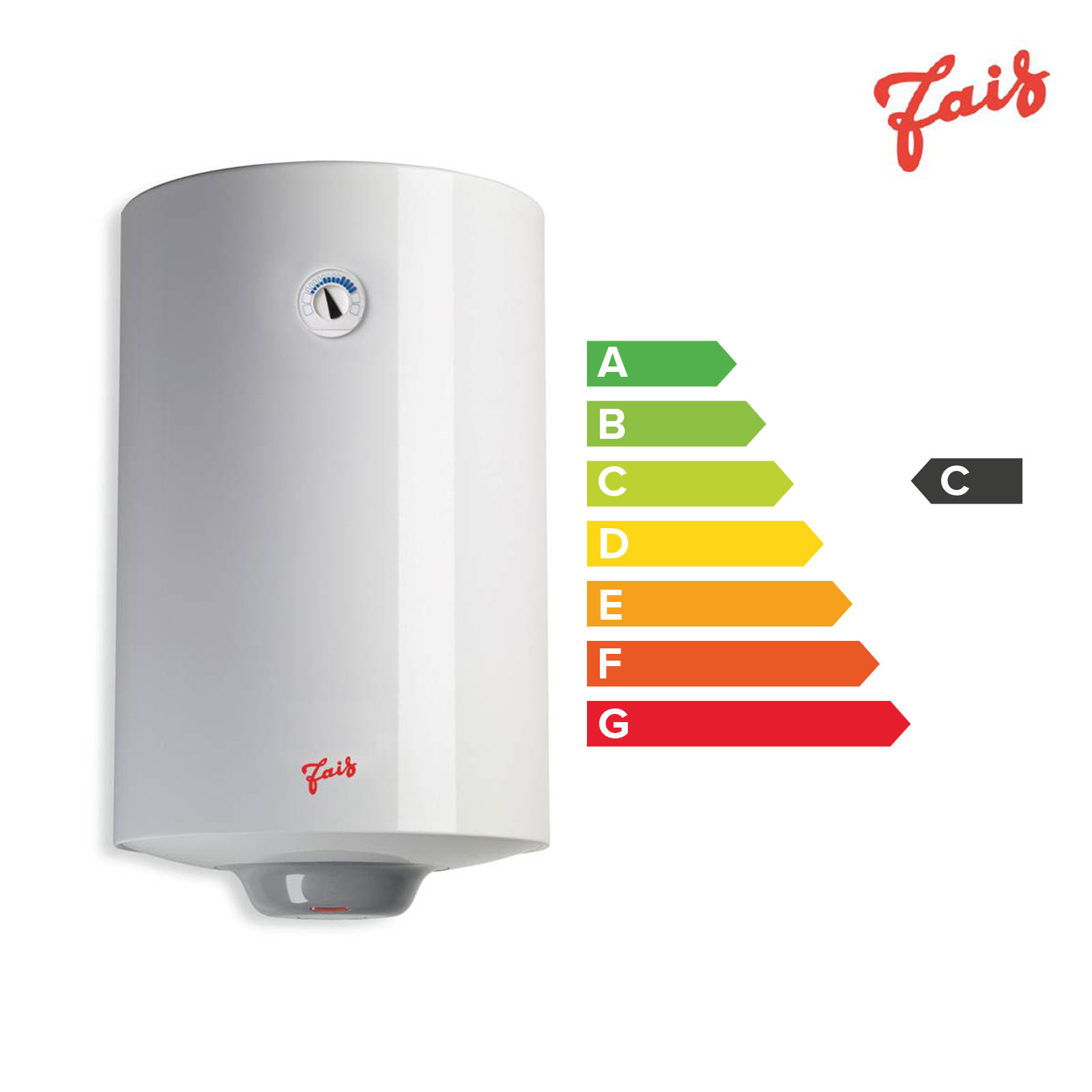 Calentador de agua blanco con etiqueta energética que muestra una calificación C y el logo Fais.