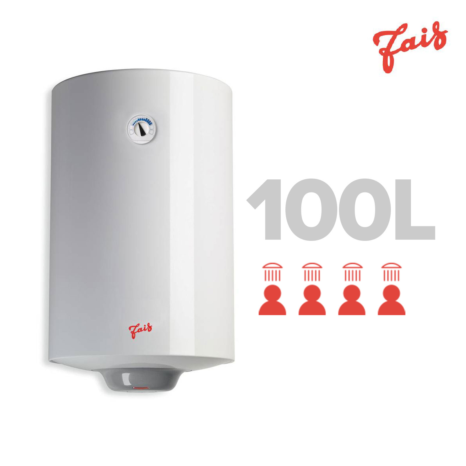Calentador de agua blanco con texto 100L e iconos de cabezal de ducha. Logotipo rojo Faïs a la izquierda.