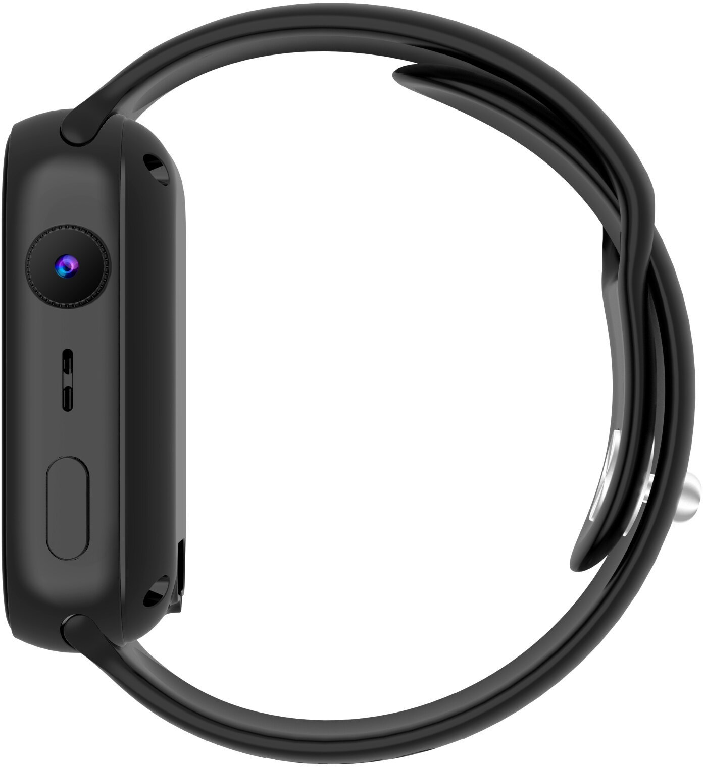 Czarny smartwatch, widok z boku, z aparatem i zakrzywionym paskiem, na białym tle.