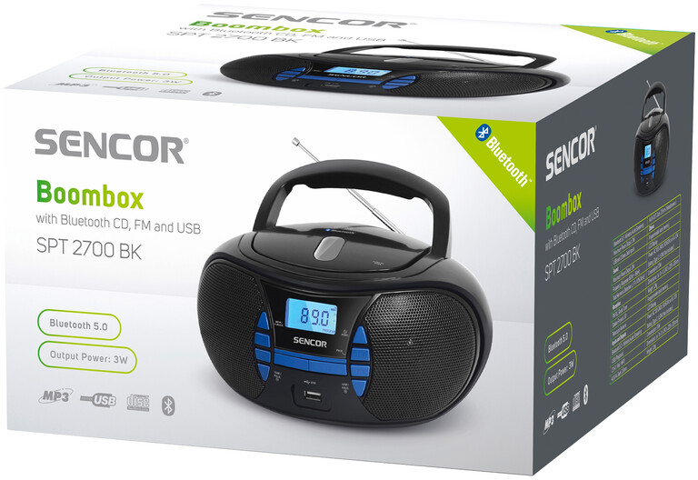 SENCOR boombox Bluetooth-tal, CD-vel, FM-mel és USB-vel. A doboz fehér.