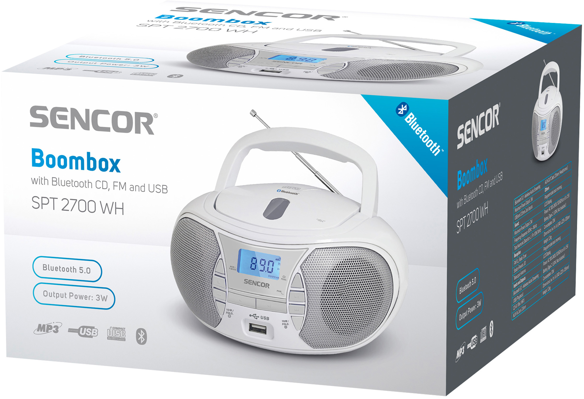 Fehér boombox Bluetooth-tal és CD-lejátszóval.