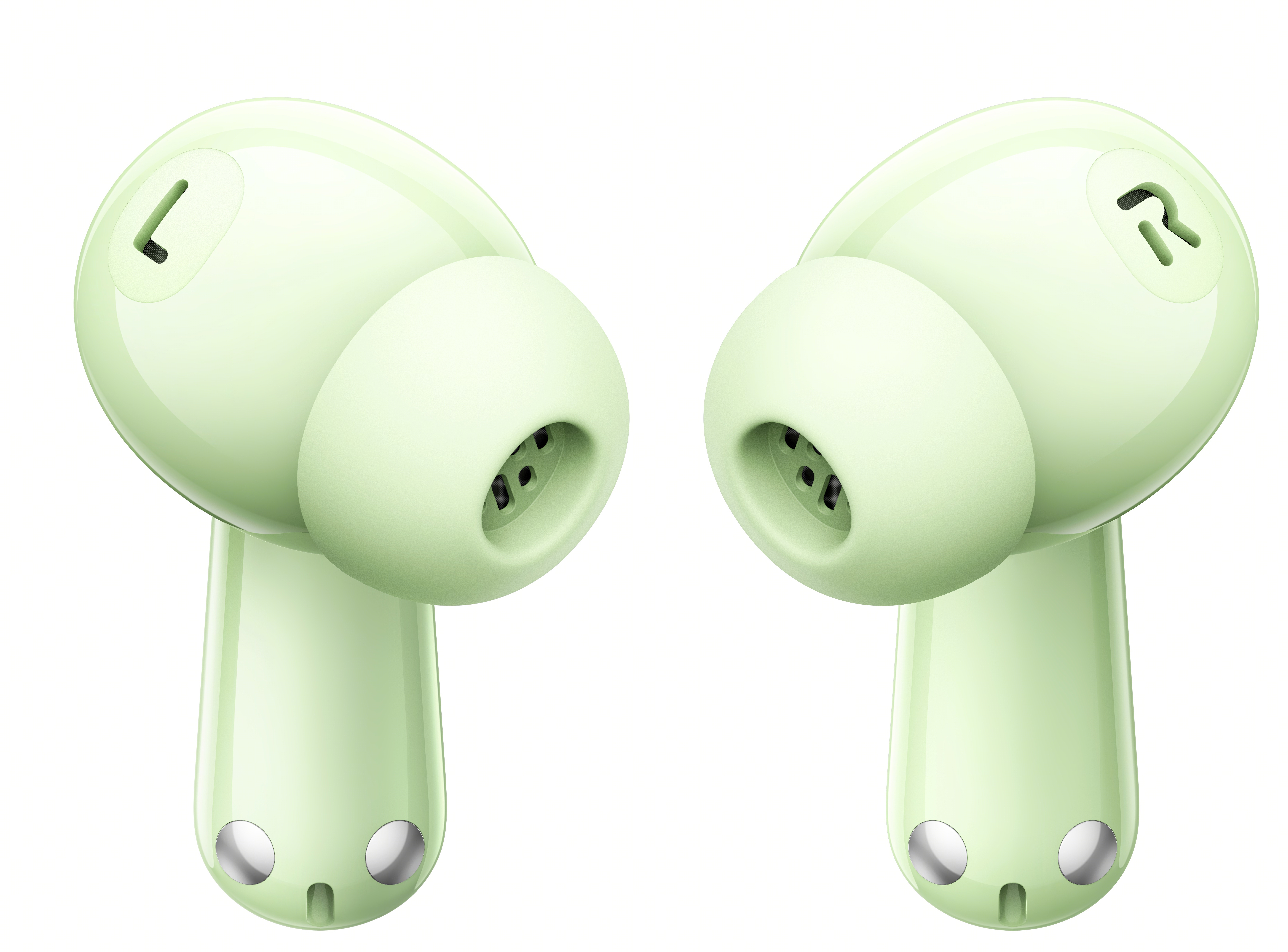 Dwa zielone słuchawki, z literami L i R na nich.