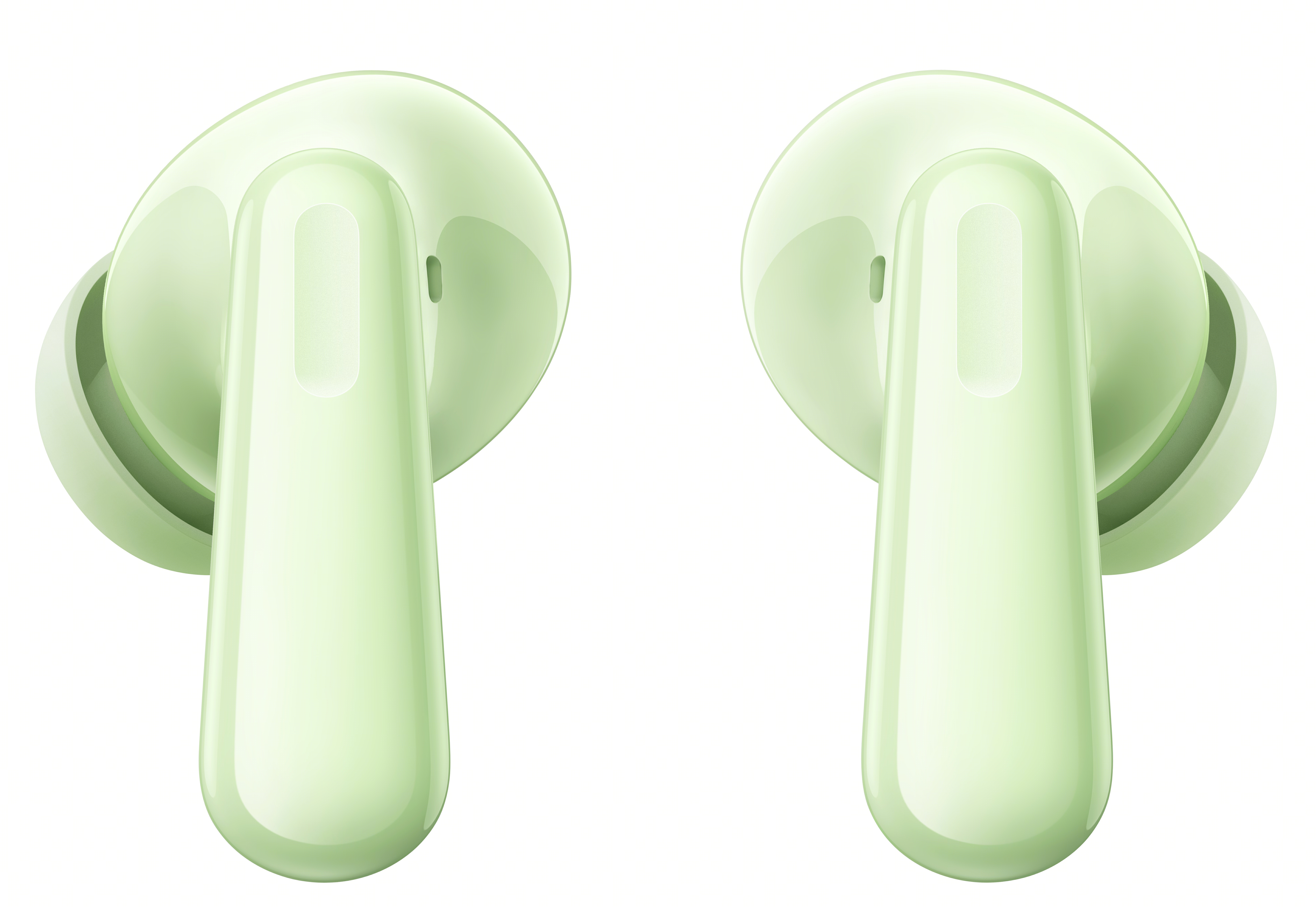 Para jasnozielonych słuchawek izolowanych na białym tle, widok z boku.