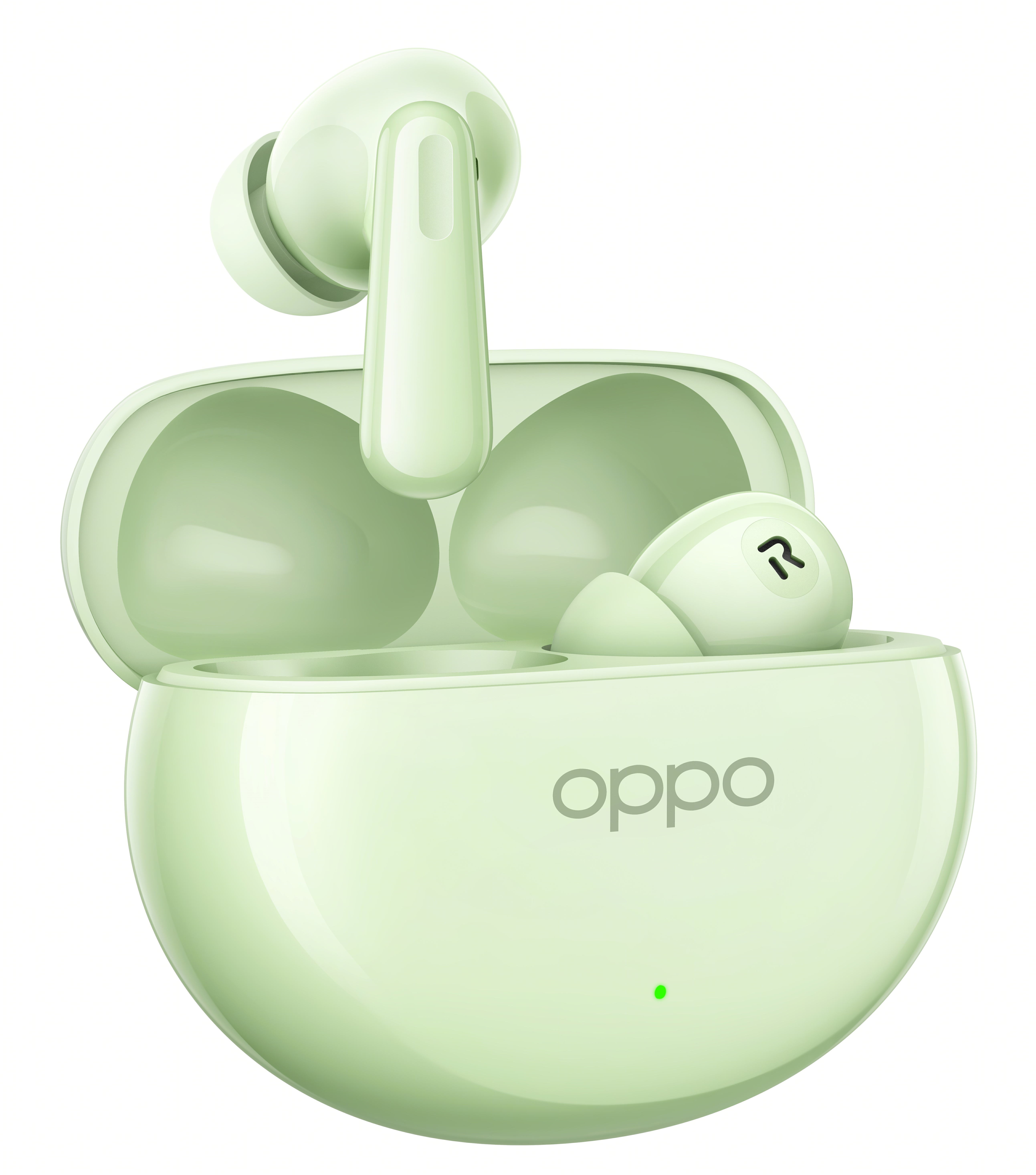 Jasnozielone słuchawki Oppo w otwartym etui ładującym. Etui ma logo Oppo.