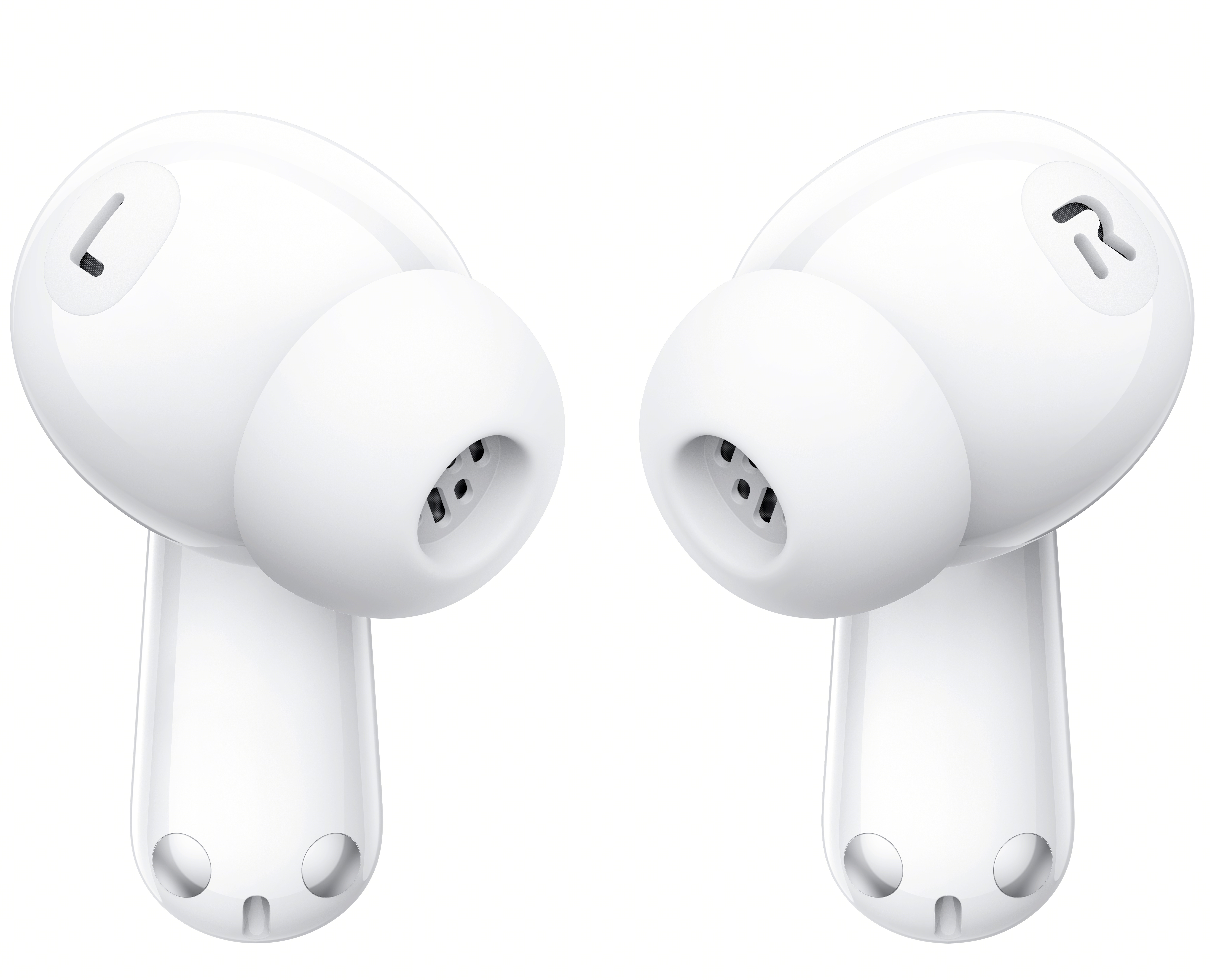 Dwie białe słuchawki, zbliżenie, pokazujące wskaźniki 'L' i 'R'.