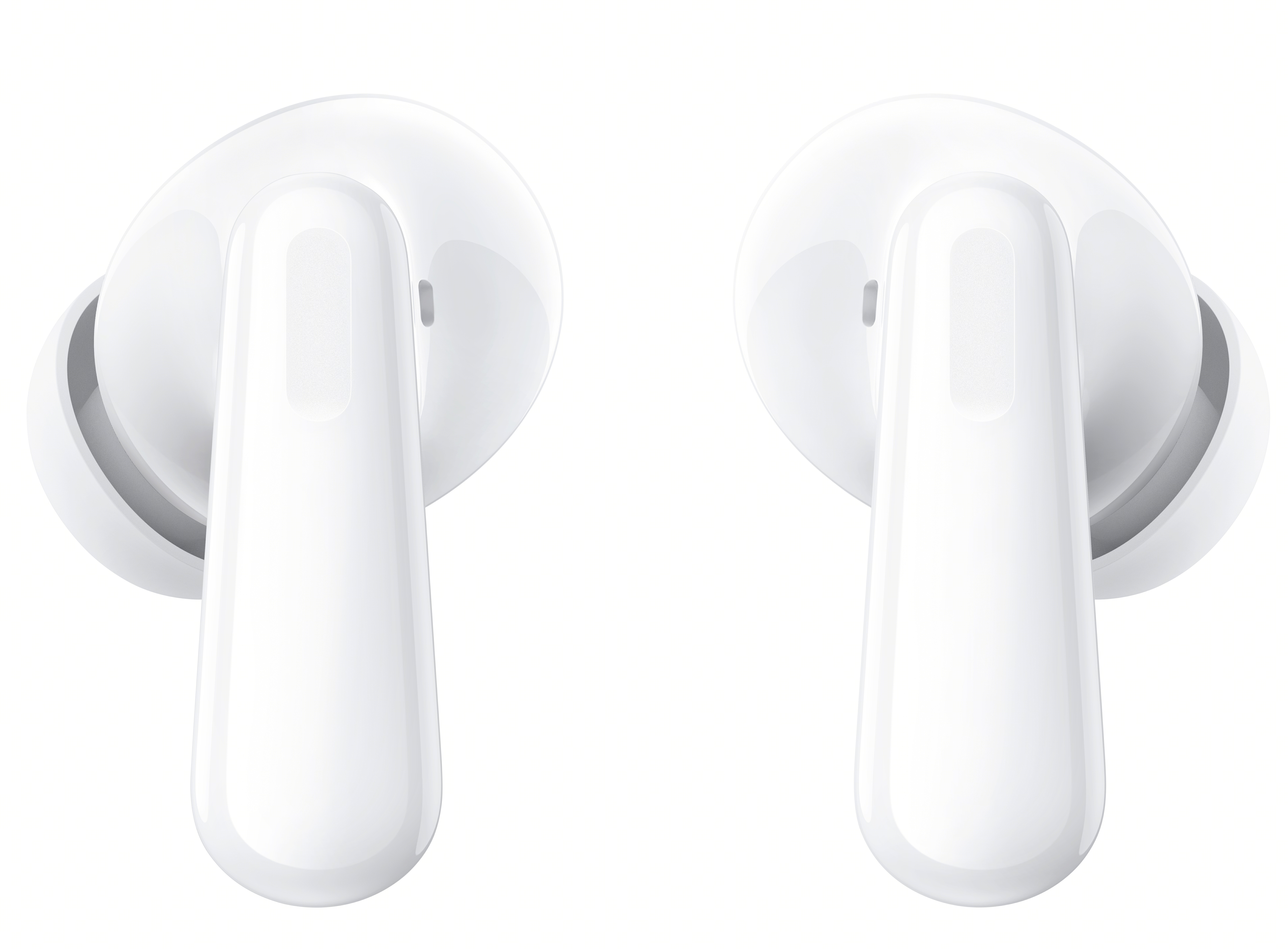 Dwie białe słuchawki douszne. Słuchawki są blisko siebie na białym tle.