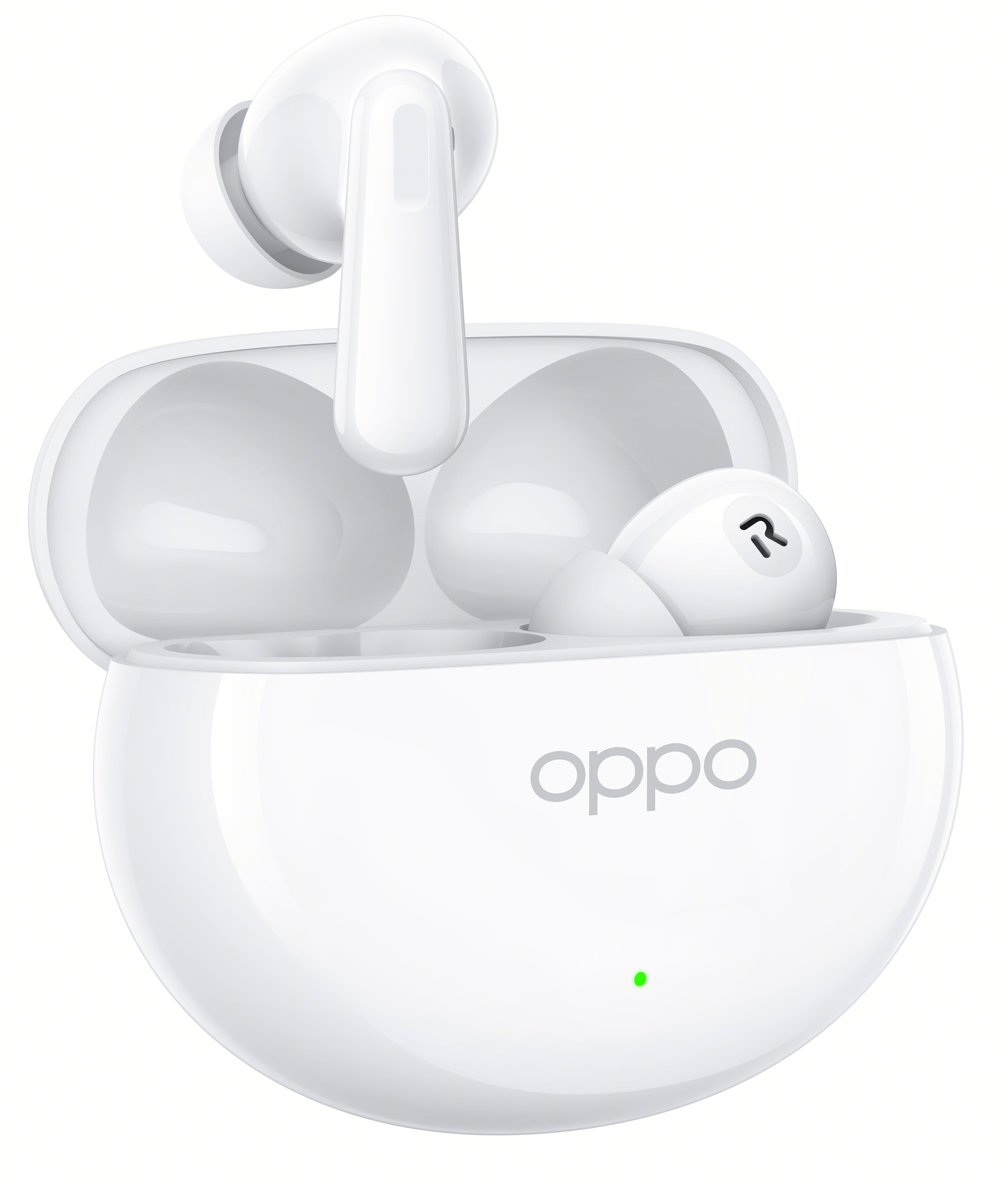 Białe słuchawki Oppo i etui ładujące. Słuchawki w otwartym etui. Widoczne zielone światło.