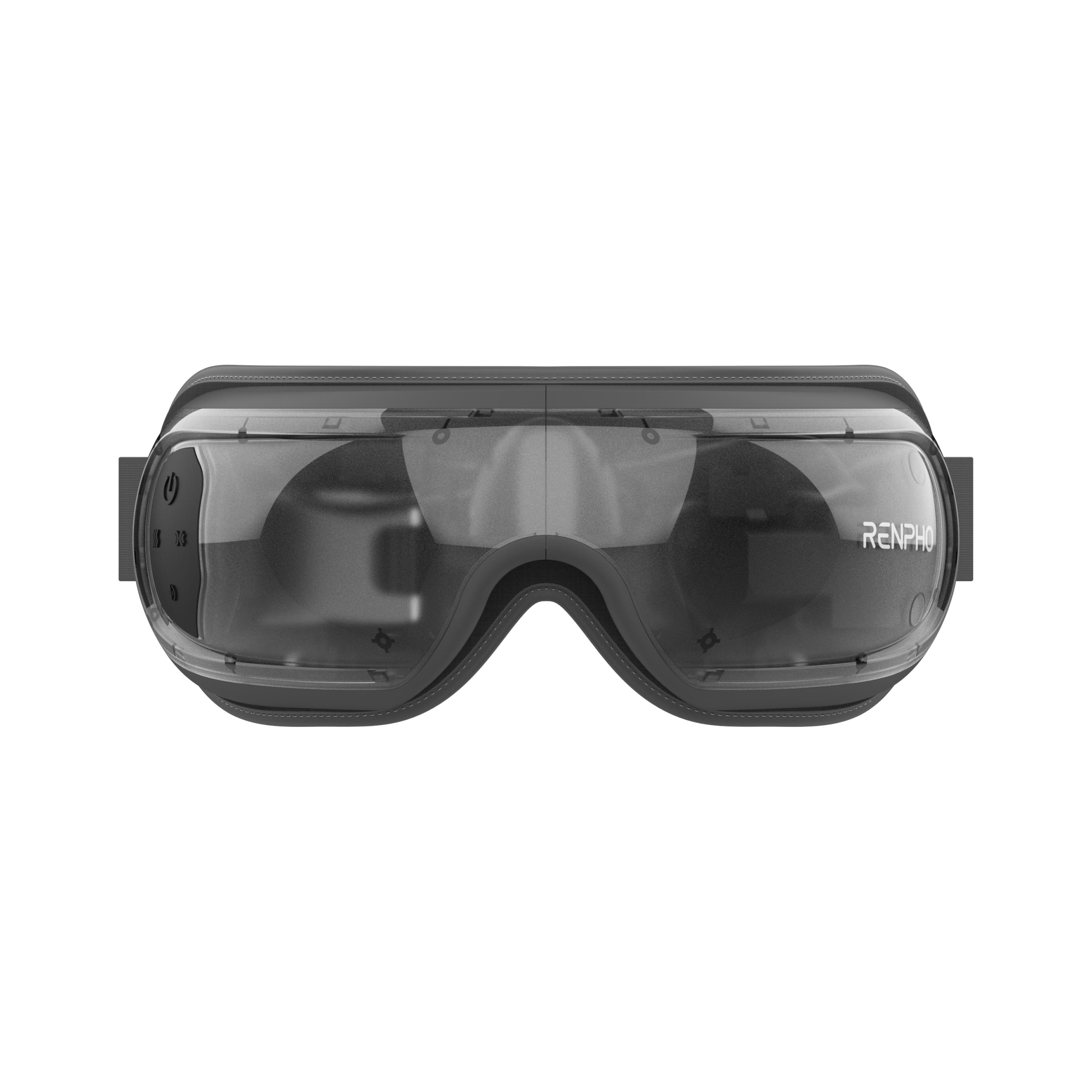 Schwarze VR-Brille mit klaren Linsen, die Marke 'RENPHO' ist sichtbar. Isoliert auf weißem Hintergrund.