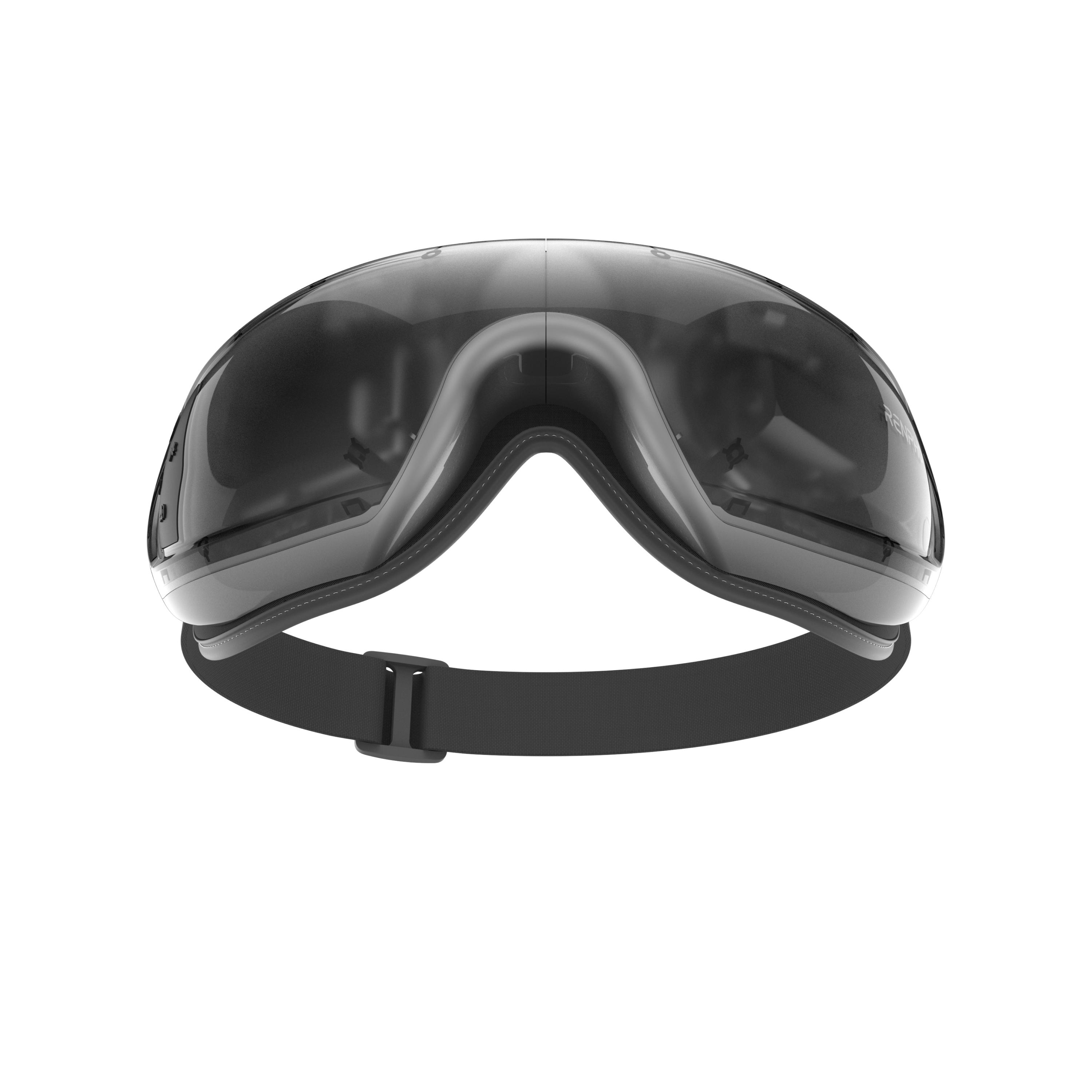 Schwarze Brille mit einem Riemen, die zum Abdecken der Augen bestimmt ist.