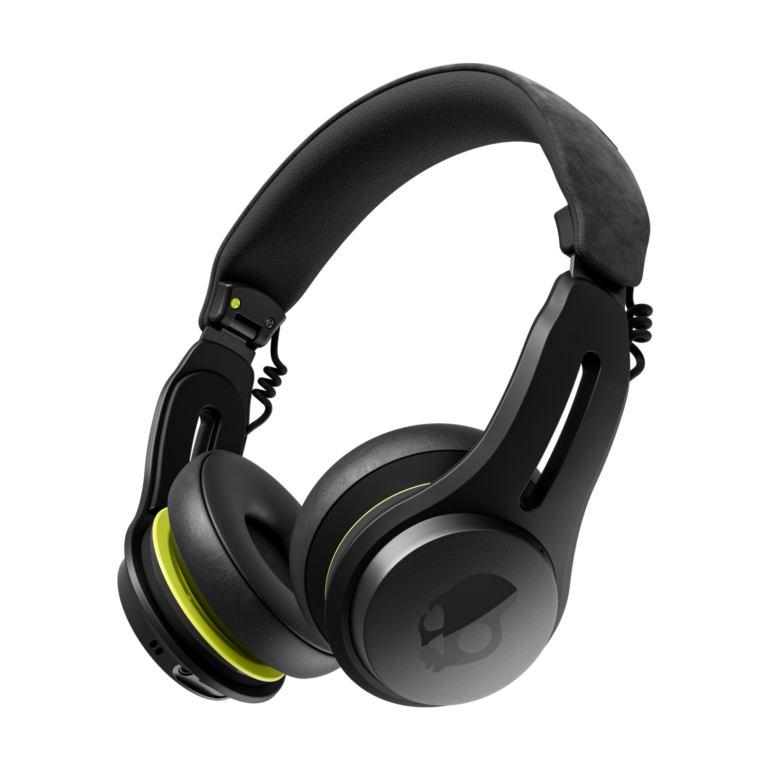 Zwarte Skullcandy koptelefoon met gele accenten, over-ear ontwerp.