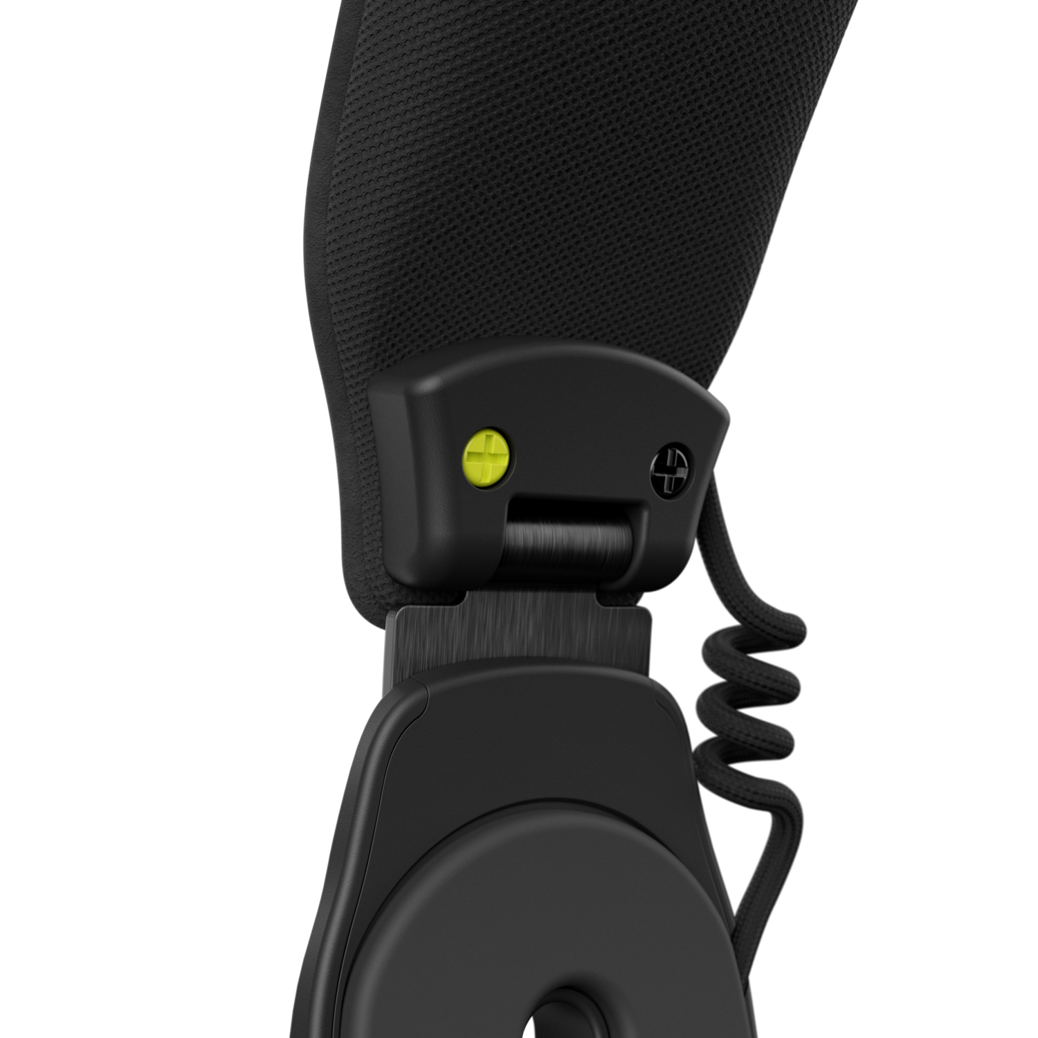 Close-up van een zwarte headsetconnector met geel plussymbool en een kabel.