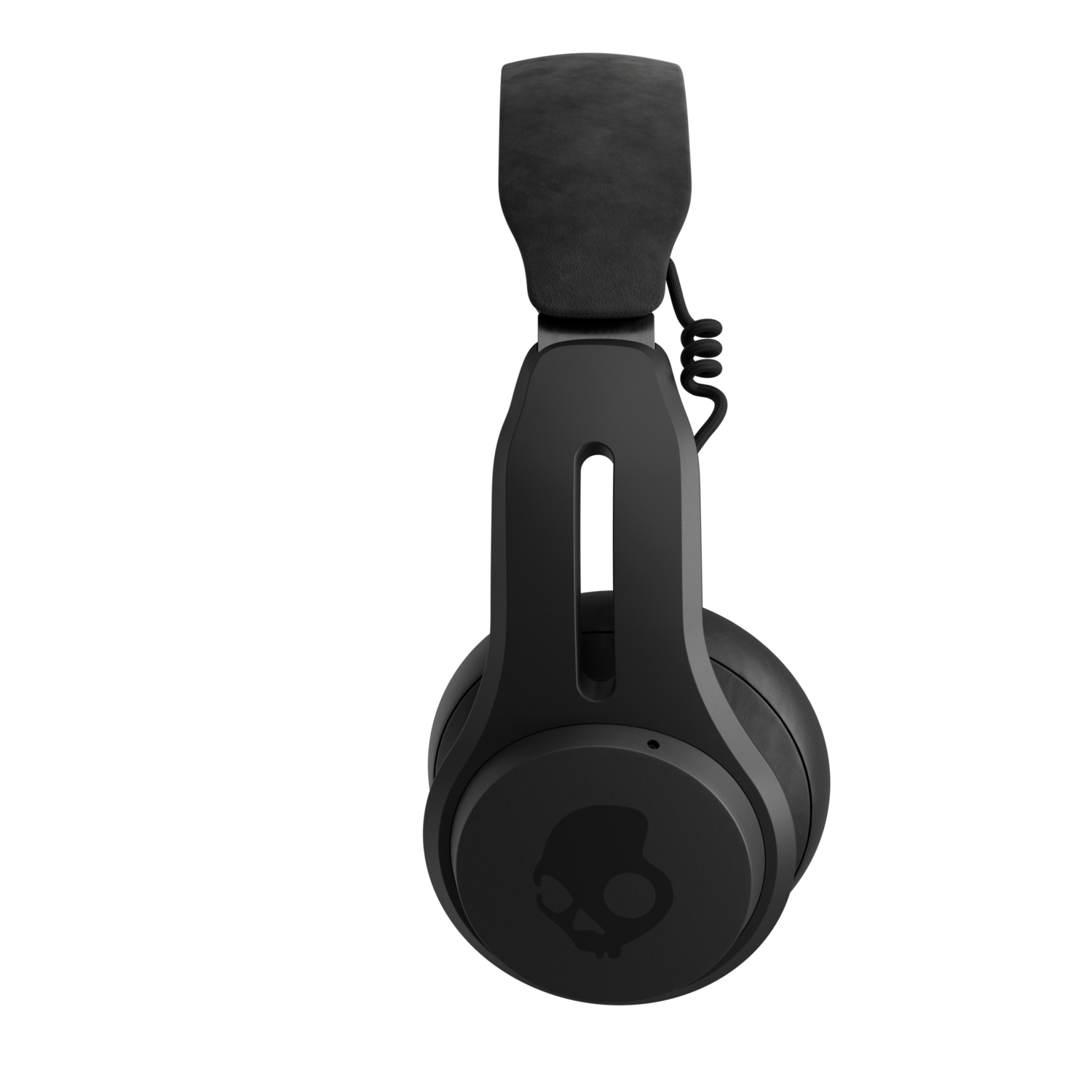 Zwarte Skullcandy-koptelefoon op een zwarte achtergrond. De koptelefoon is gecentreerd en toont de oorschelpen en hoofdband.