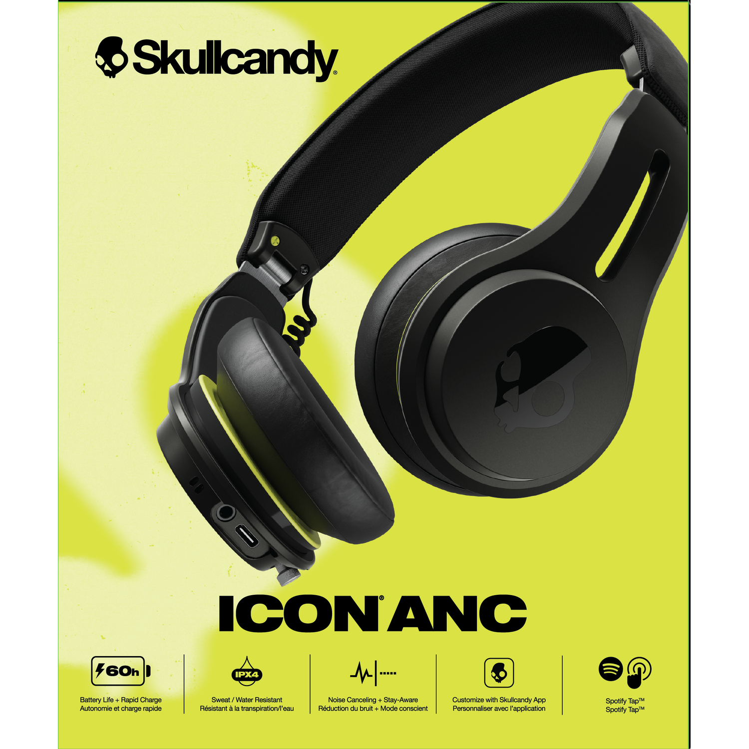 Zwarte Skullcandy koptelefoon op gele achtergrond met tekst en iconen.