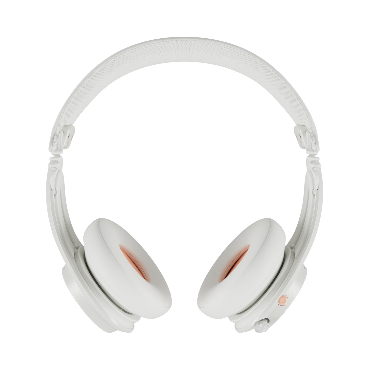 White headphones with pink earcups and a black background. The headphones are open.