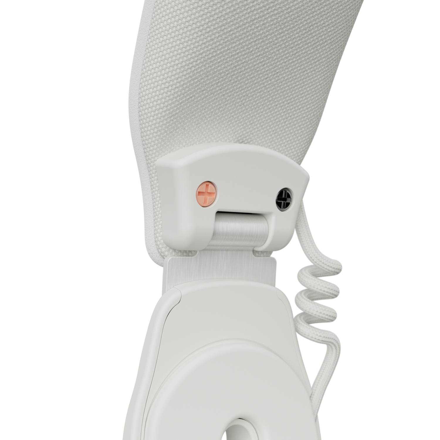 White headphones detail. Close-up of the hinge and cord.
