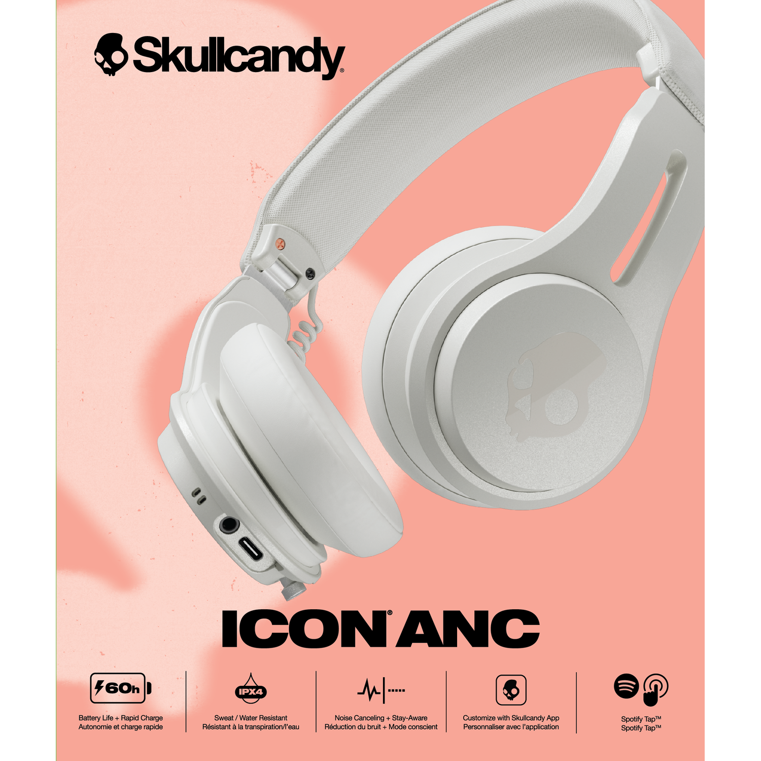 White Skullcandy headphones with a pink background. Text includes features: noise canceling, etc.