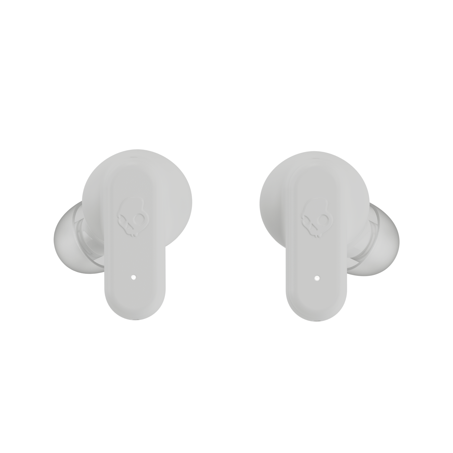 Two white Skullcandy earbuds, angled slightly. The earbuds are on a black background.