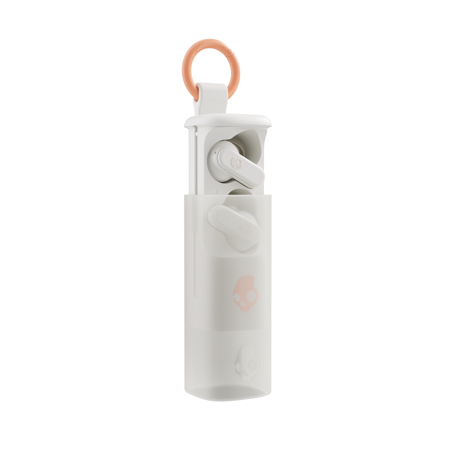 White earbud case with earbuds inside. Orange ring at the top. Skullcandy logo on the case.