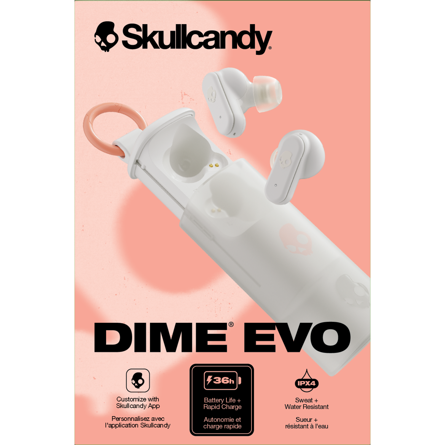 White earbuds and charging case with pink accents, and brand logo on a pink background.
