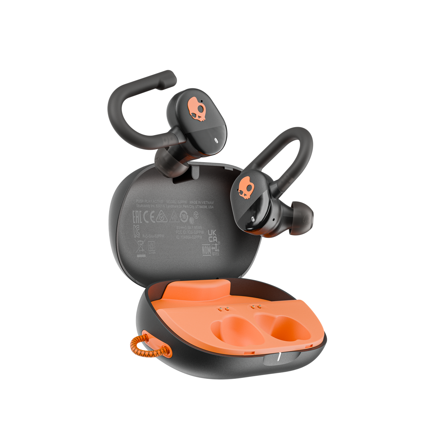 Black and orange Skullcandy earbuds and charging case on a black background. The case is open.