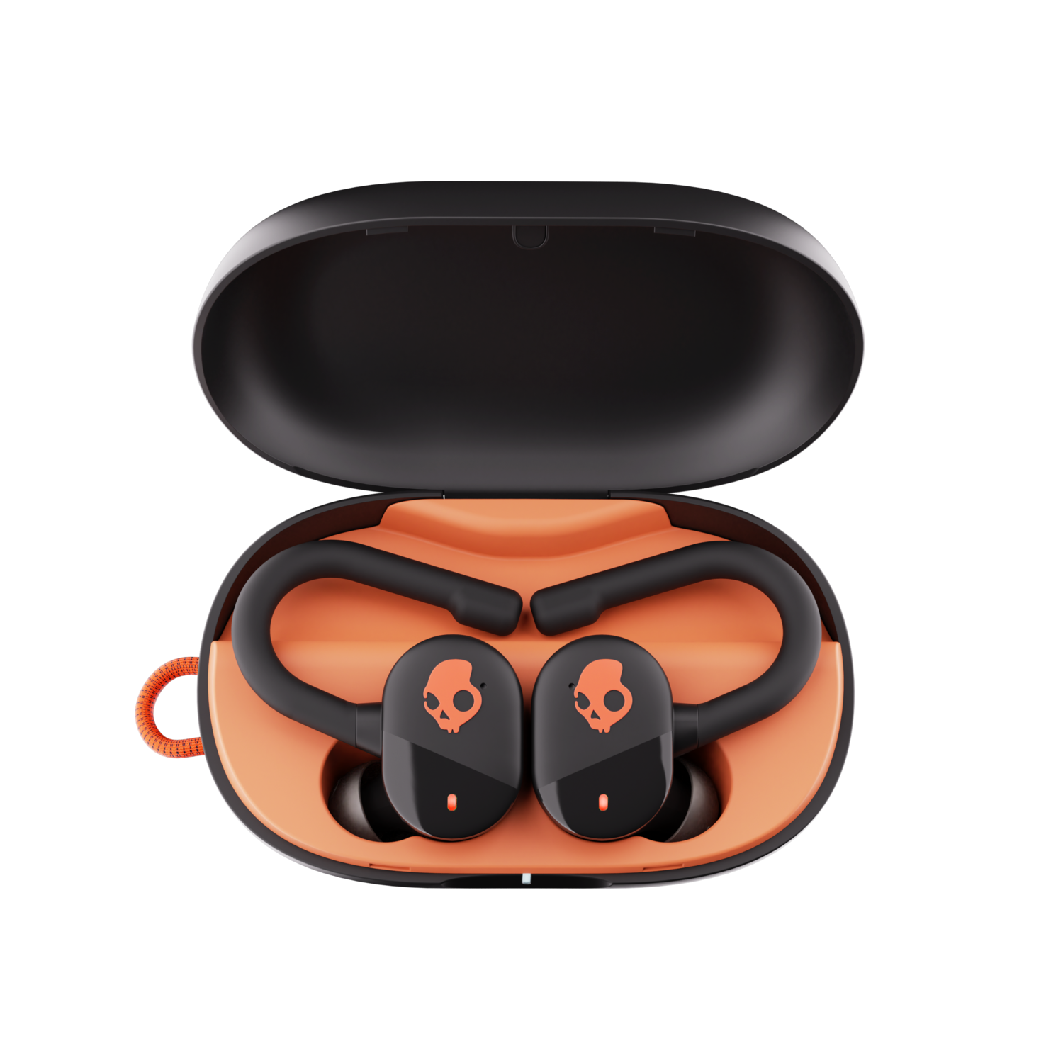 Black and orange sports earbuds in a black case, open on a black background.