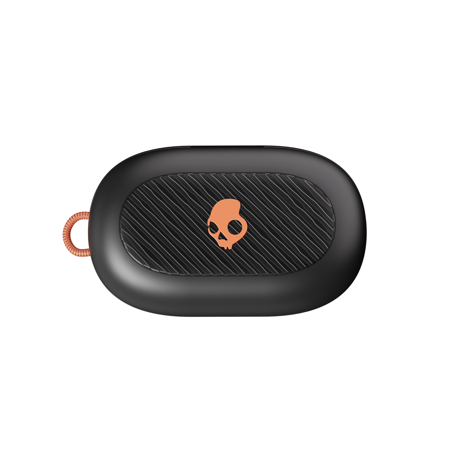 Black Skullcandy earbud case with orange logo and loop, on a black background.