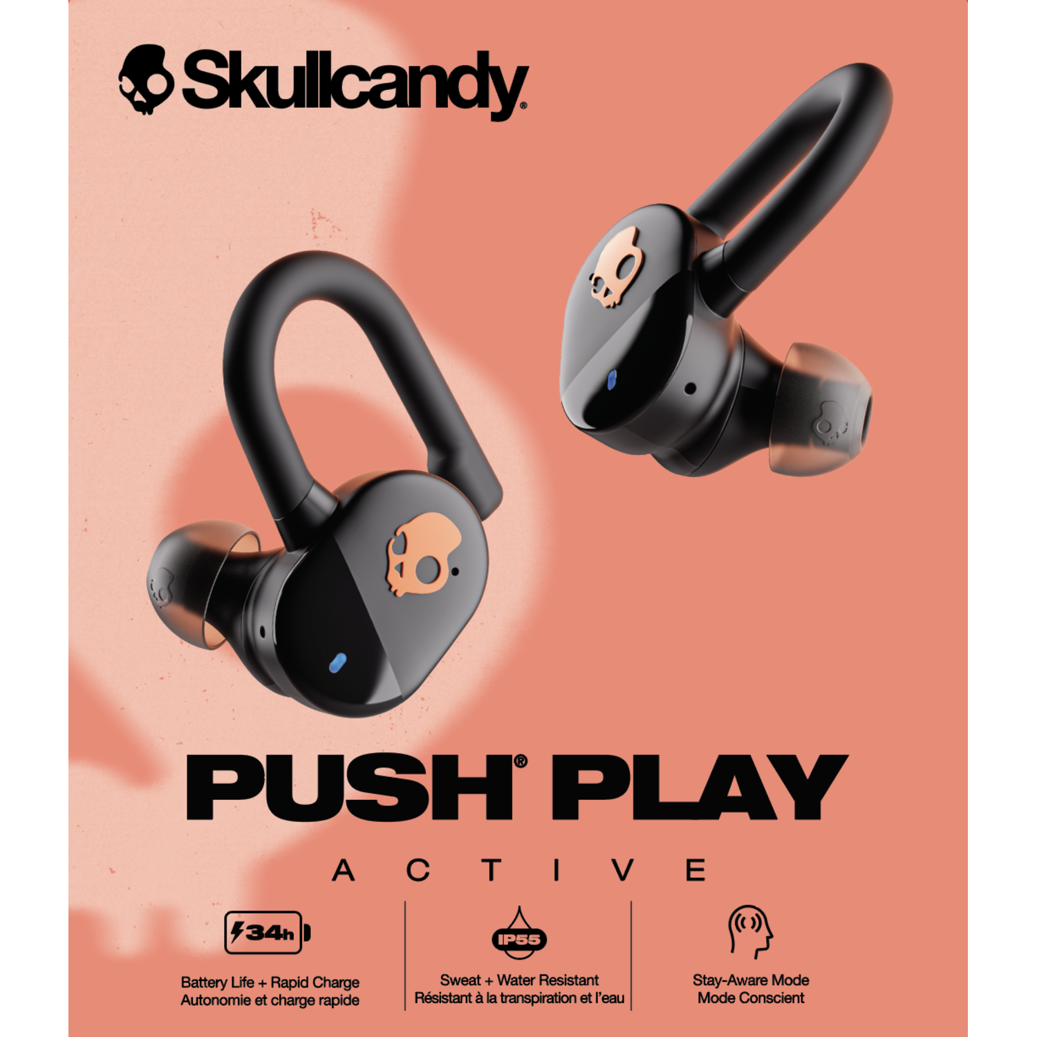 Black and orange wireless earbuds with a skull logo, on an orange background.